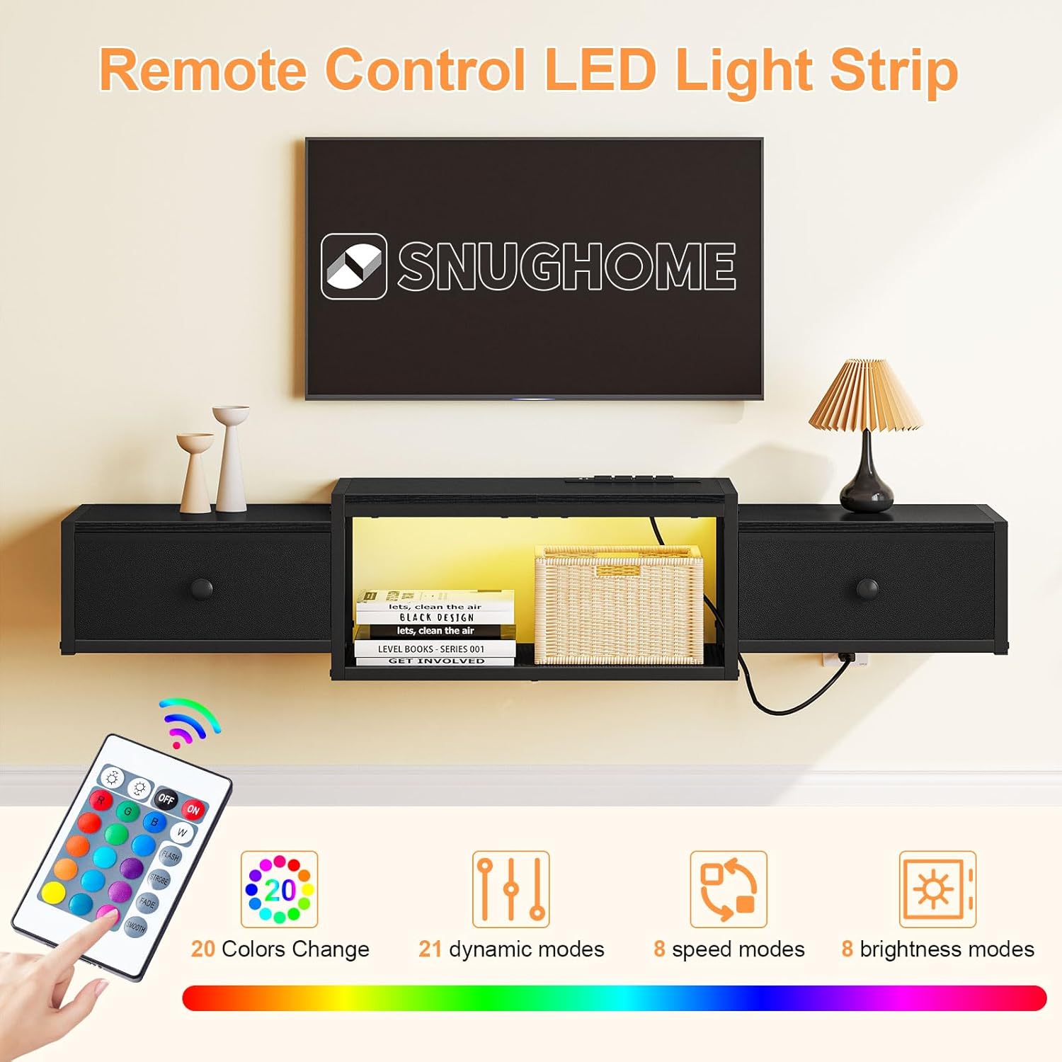 Snughome Floating TV Stand Wall Mounted with Power Outlet 55", Floating Entertainment Center with LED Lights, Floating TV Shelf with Drawer, Wall Mounted Media Console Shelf for Living Room, Bedroom - Image 5