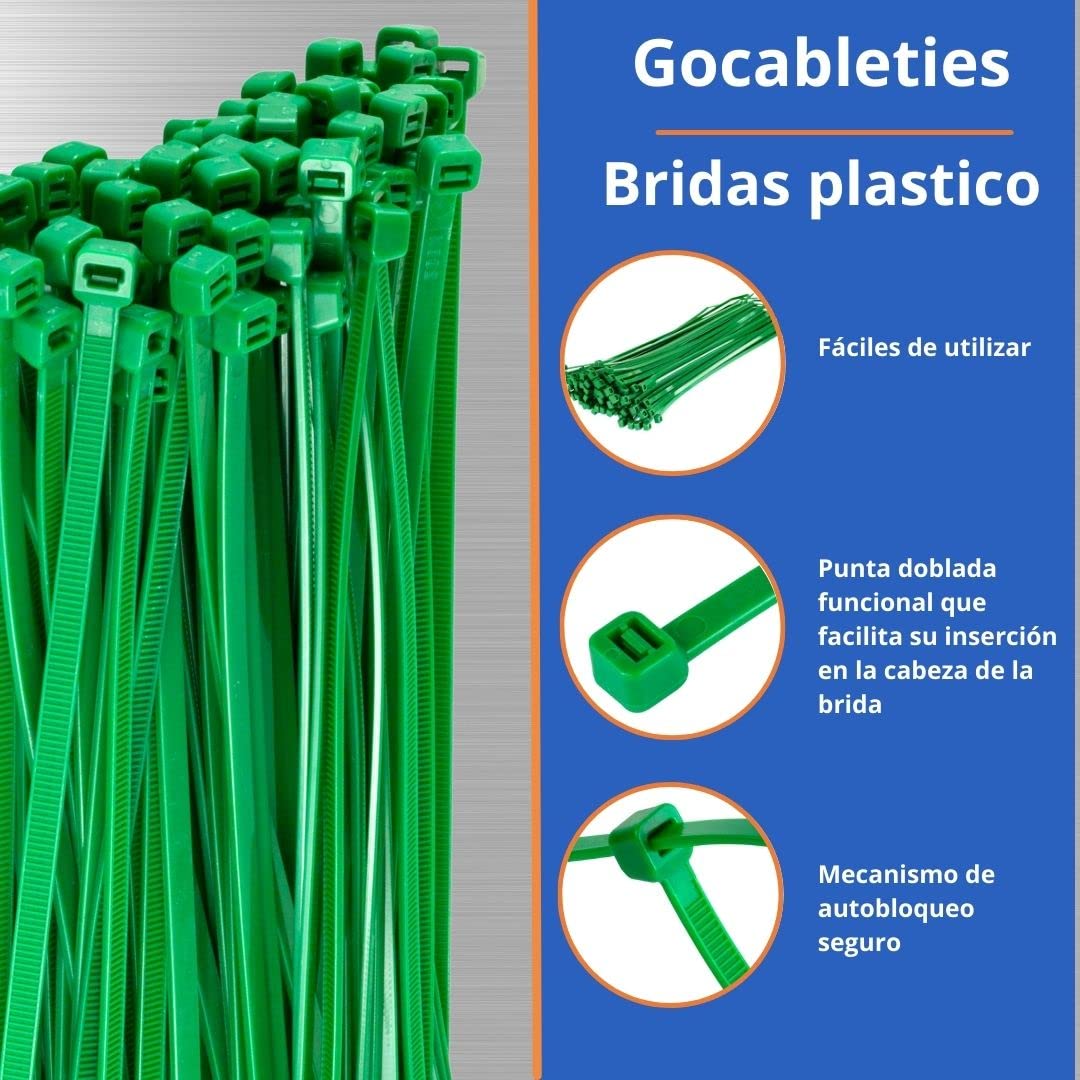 Gocableties - Bridas plastico verdes para cables - 1,000 Piezas - 300 mm x 4,8 mm - Resistentes a los rayos