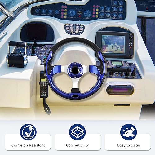 Vista 4 de Volante de barco de 12.5 pulgadas, adaptador de volante marino de eje de 3/4 pulgadas, fibra de carbono antideslizante para barcos, yates, botes Azul