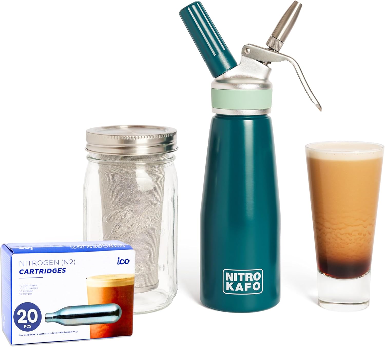 ICO 20pcs Nitrogen Cartridges N2 2g Non-Threaded Chargers and NITRO KAFO Nitro Coffee Maker & Cold Brew Maker, 1 Pint/0.5L