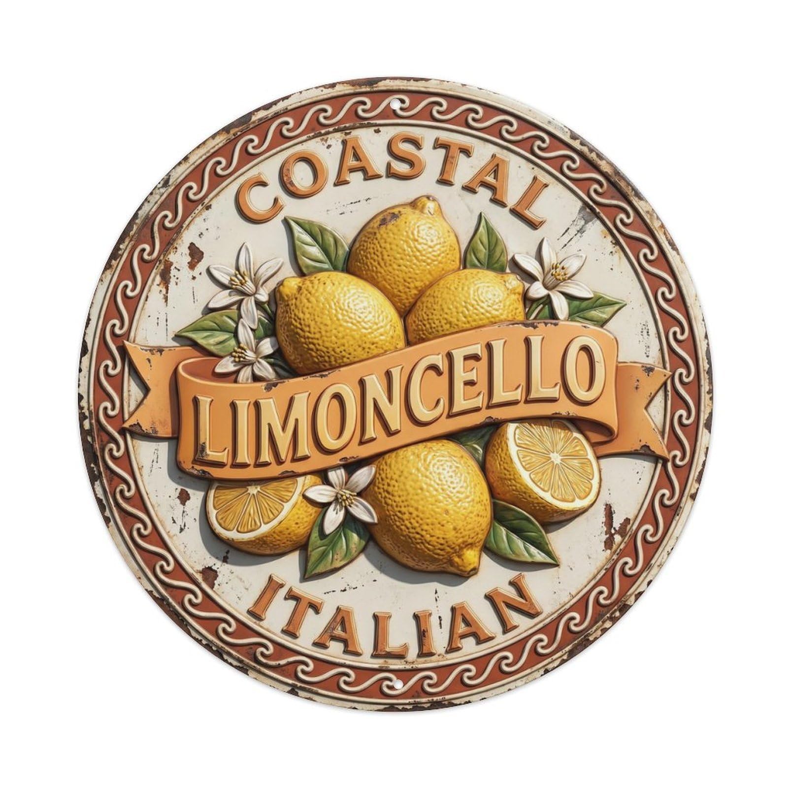 Coastal Italian Limoncello Crest Metal Tin Sign Plaque Wall Decor for Cafe, Club Bar, Office, Home Garden Round Metal Poster 8x8Inch