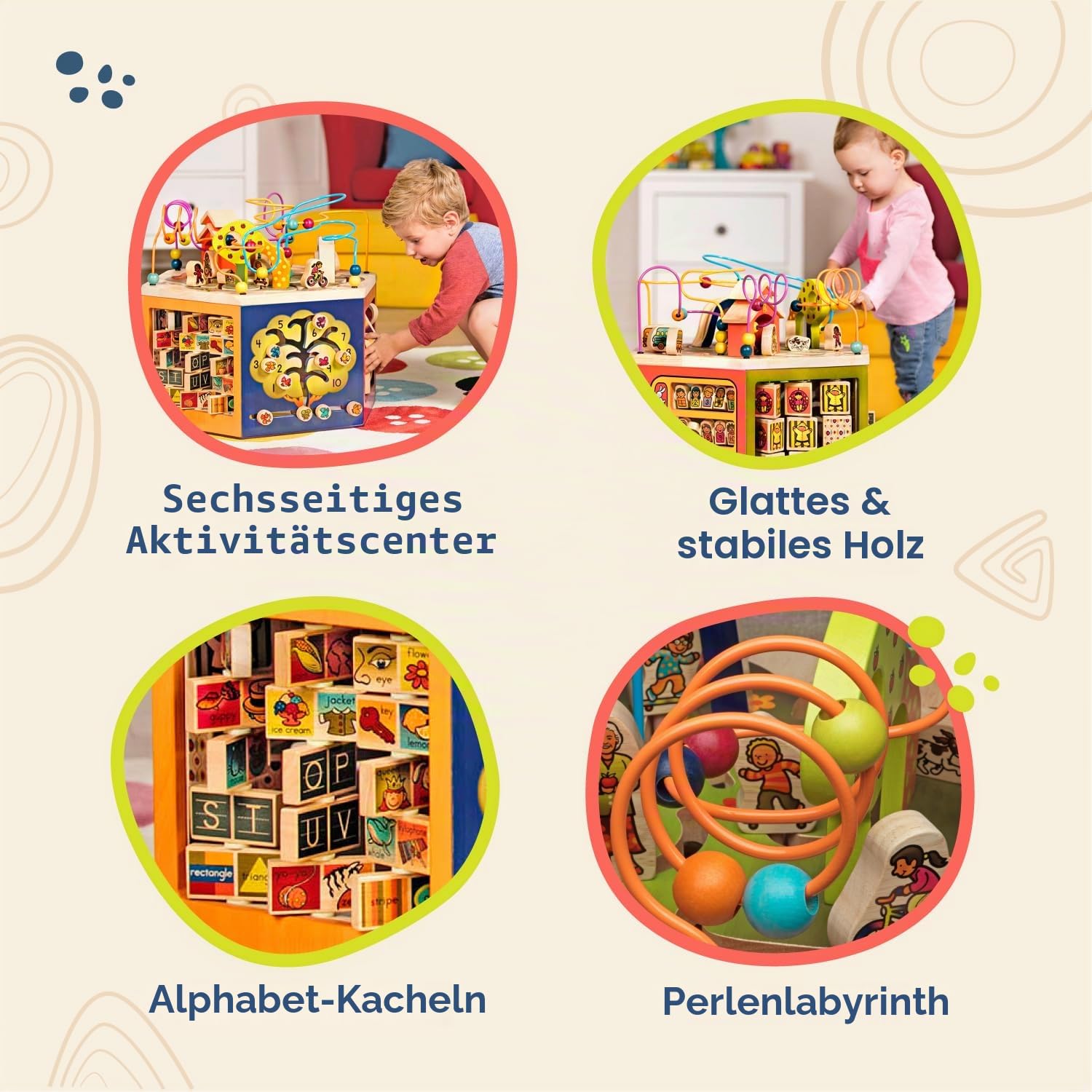 B. toys - Youniversity - Aktivitätswürfel - Activity Center aus Holz - Lernspielzeug für Kleinkinder, Kinder - Alphabet, Zahlen, Formen - 12 Monate +