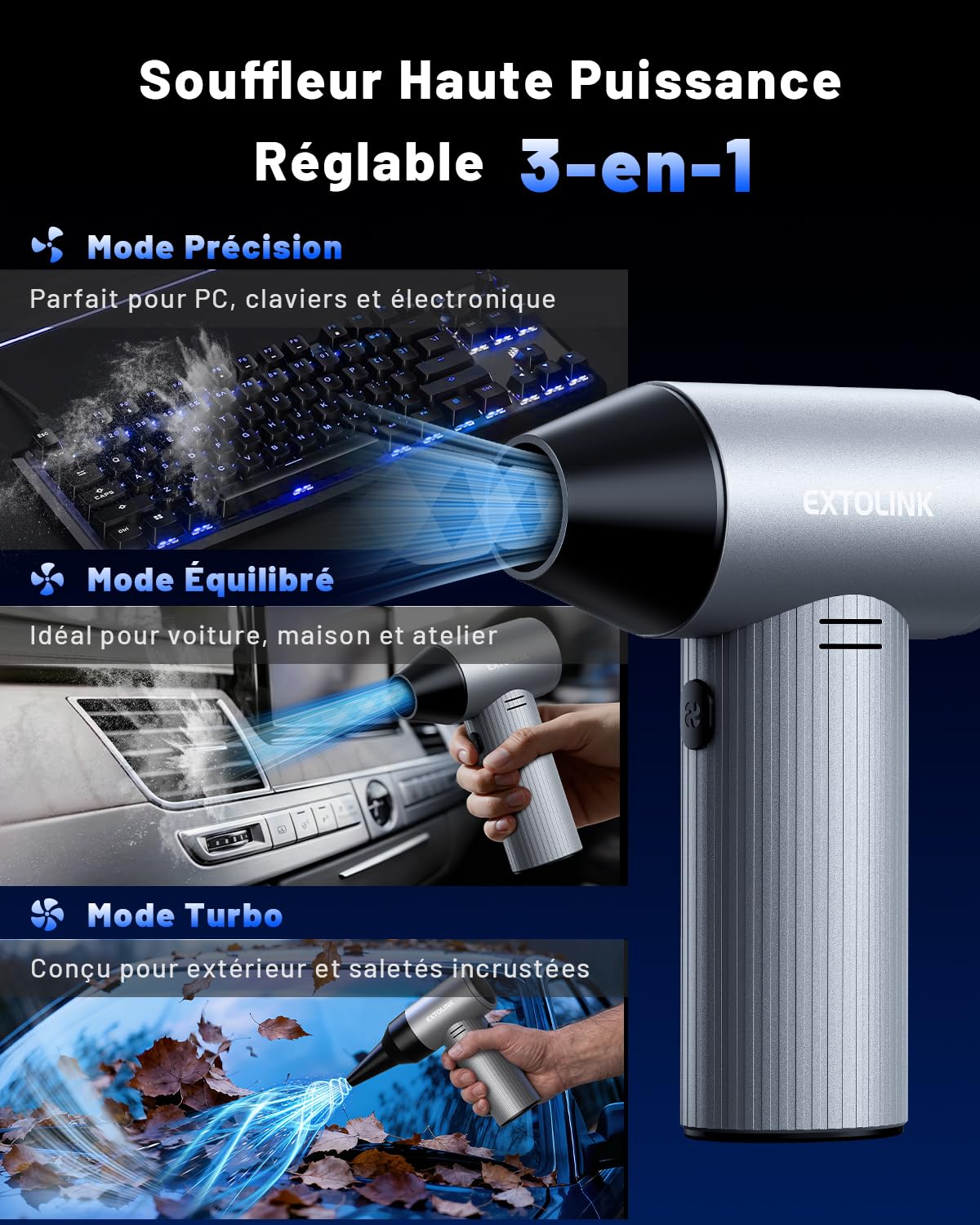 L7 Souffleur Air Comprimé en Métal 330 000 tr/min 7500mAh | 3 vitesses électrique, Mini Souffleurs sans Fil Puissant avec kit de Nettoyage pour Hôte, PC, Clavier, Cartes Graphiques