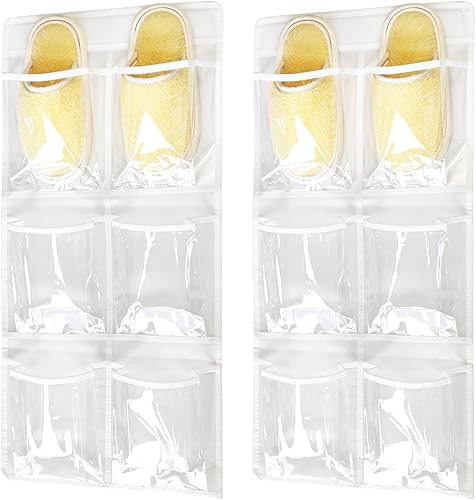 Paquete de 2 organizadores grandes de zapatos colgantes sobre la puerta de armario con 6 bolsillos de cristal transparente, 4 ganchos, color blanco