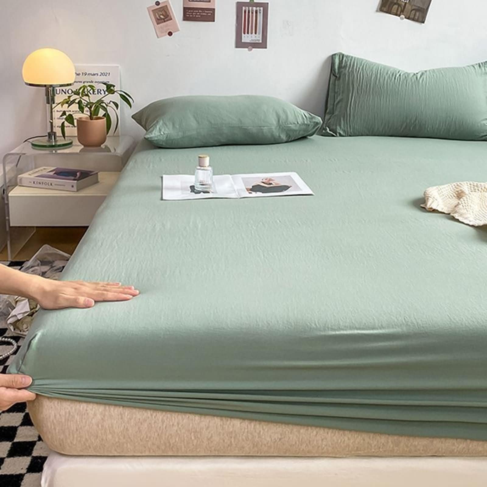 Lirzxin Bedding Fitted Sheet, 3 Piece Fitted Bedsheet Set Solid Color Bamboo Fiber Fitted Bed Sheet with Two Pillow Cases Easy Care Fade Resistant Bedding, Light Green, 180x220cm