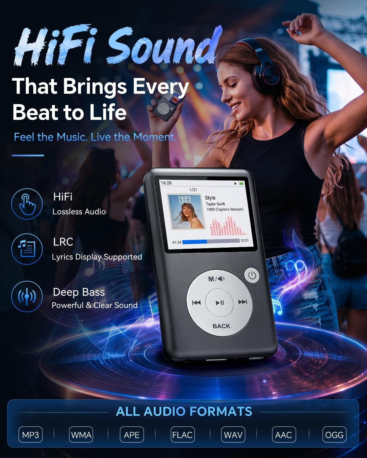 MP3 Player with Bluetooth 5.3, HiFi Lossless Sound, Click Wheel Portable Music Player for Kids and Adults, FM Radio, Voice Recorder, Video, 8GB Built-in Expandable to 128GB (Black)
