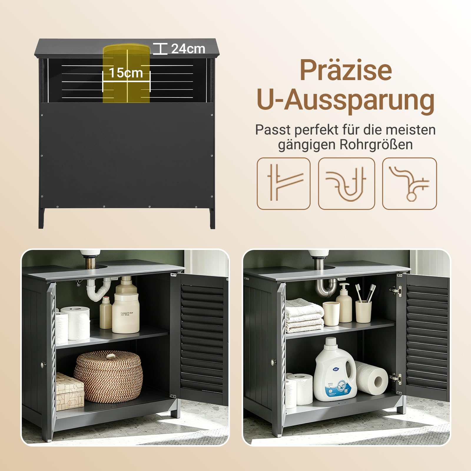 SoBuy Waschbeckenunterschrank, Badschrank mit verstellbaren Regalböden, Badmöbel aus MDF, Unterschrank für Badezimmer, Anti-Schimmel Lamellentür, Dunkelgrau, 60x58x35cm, FRG237-DG