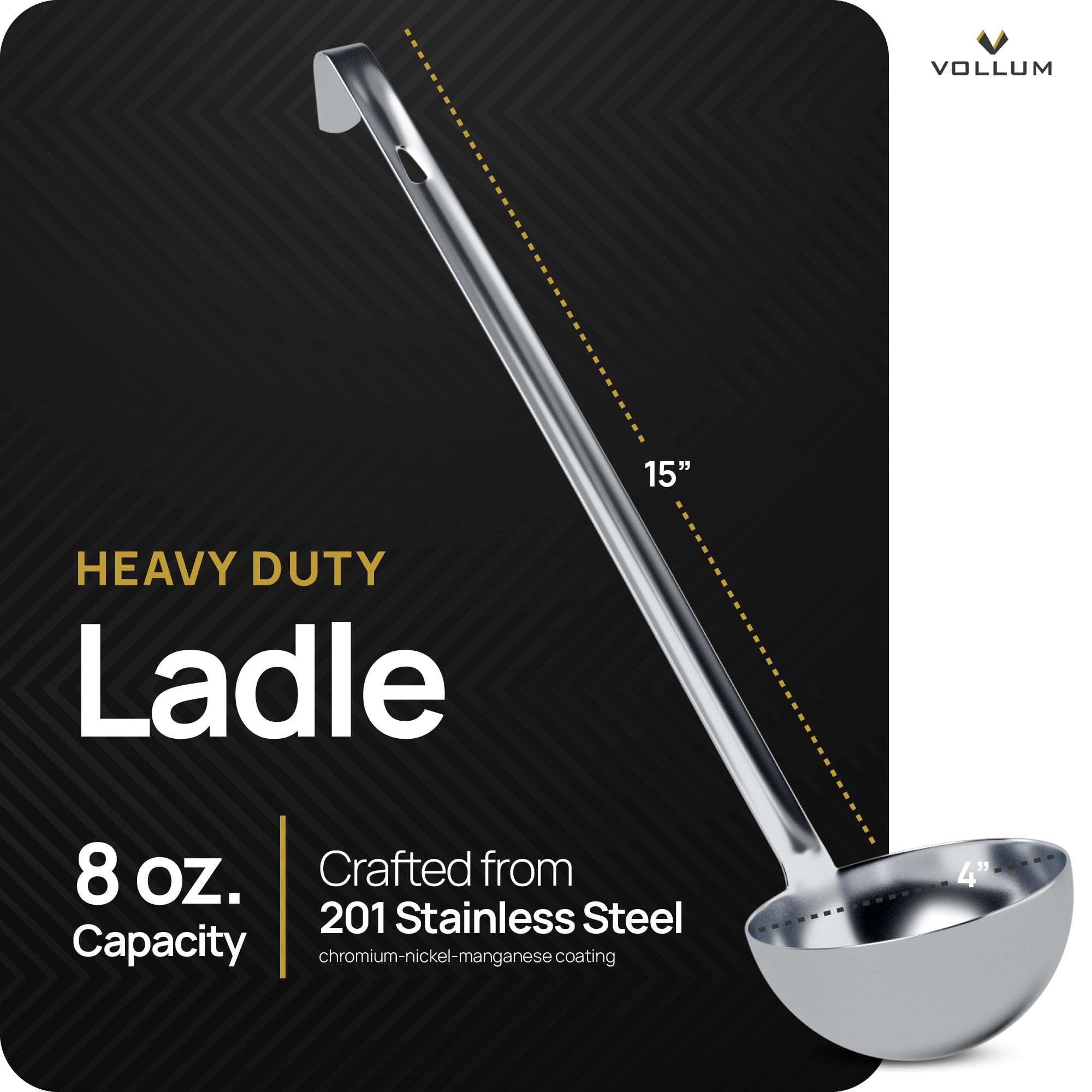 Vollum de cucharón pesado de acero inoxidable de 8 onzas (3,9" Bowl Diameter, 15,1" Handle Length) plata