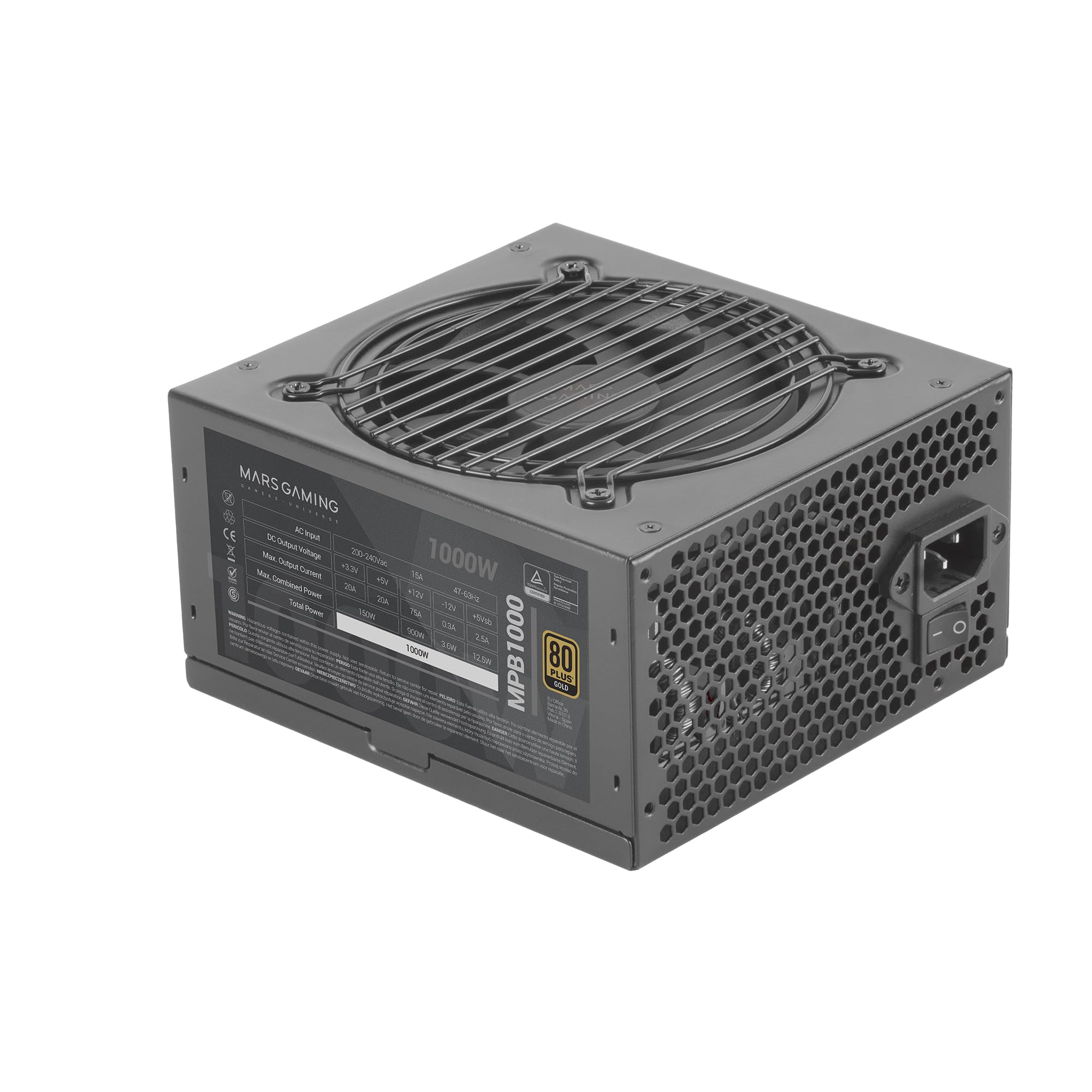 Mars Gaming MPB1000, Alimentatore PC 1000W ATX, 80Plus Gold, 90% Di efficienza, Ventola da 120 mm con Tecnologia SilentRPM Ultrasilent, Sistema PFC Attivo, Nero e Rosso