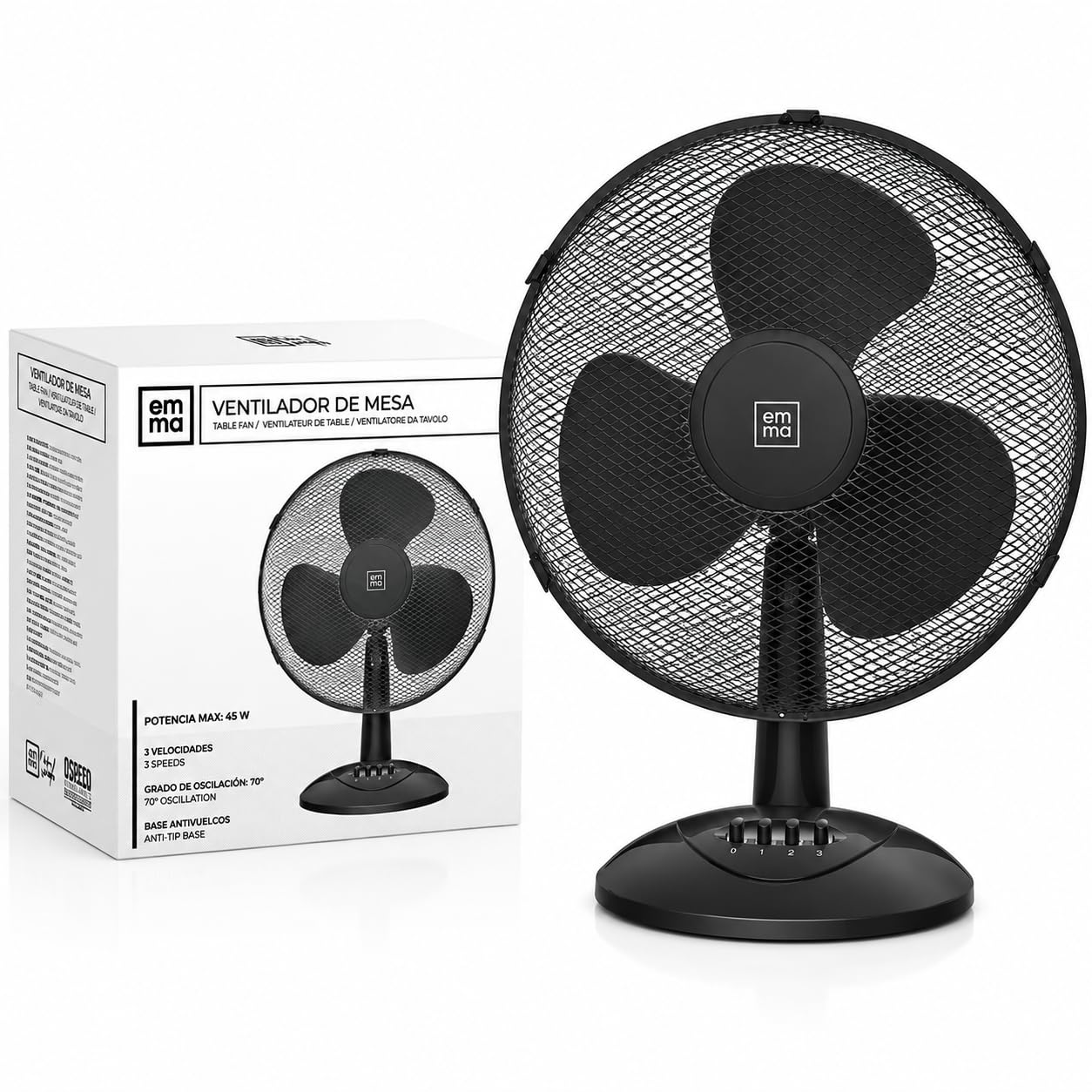 Genérico EMMA Tischventilator, sehr leise, Versand 24 Stunden, 45 W, geringer Stromverbrauch, hohe Leistung in 3 Geschwindigkeiten, verstellbare Höhe, 3 Doppelflügel, Sockel, leicht und robust (B