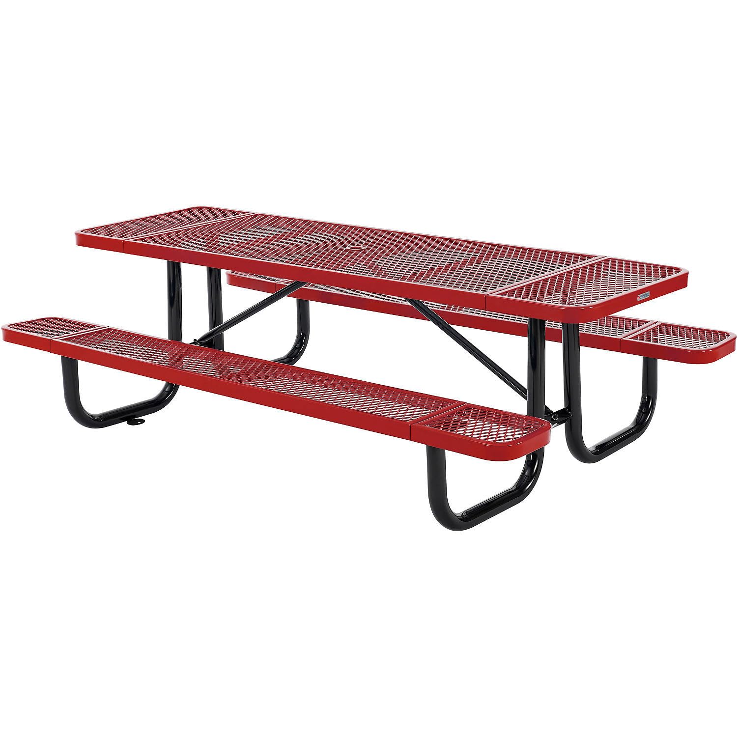 Global Industrial 8’L Rectangular Picnic Table, Expanded Metal, Red Thermoplastic Coating, Attached Benches, 1-1/2” Umbrella Pole Hole, Outdoor-Rated, 1000 lb Capacity, 96” x 30” Tabletop