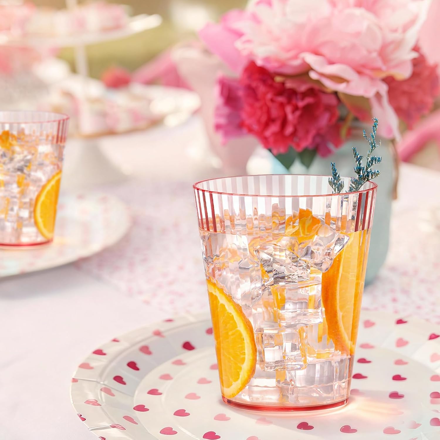 24 PCS Plastic Ribbed Drinking Glasses Pink 10oz Unbreakable Vintage Ripple Stemless Wine Glasses Cocktail Tumbler Glass Cups Disposable Retro Glasses Drinkware for Valentine Baby Shower Wedding