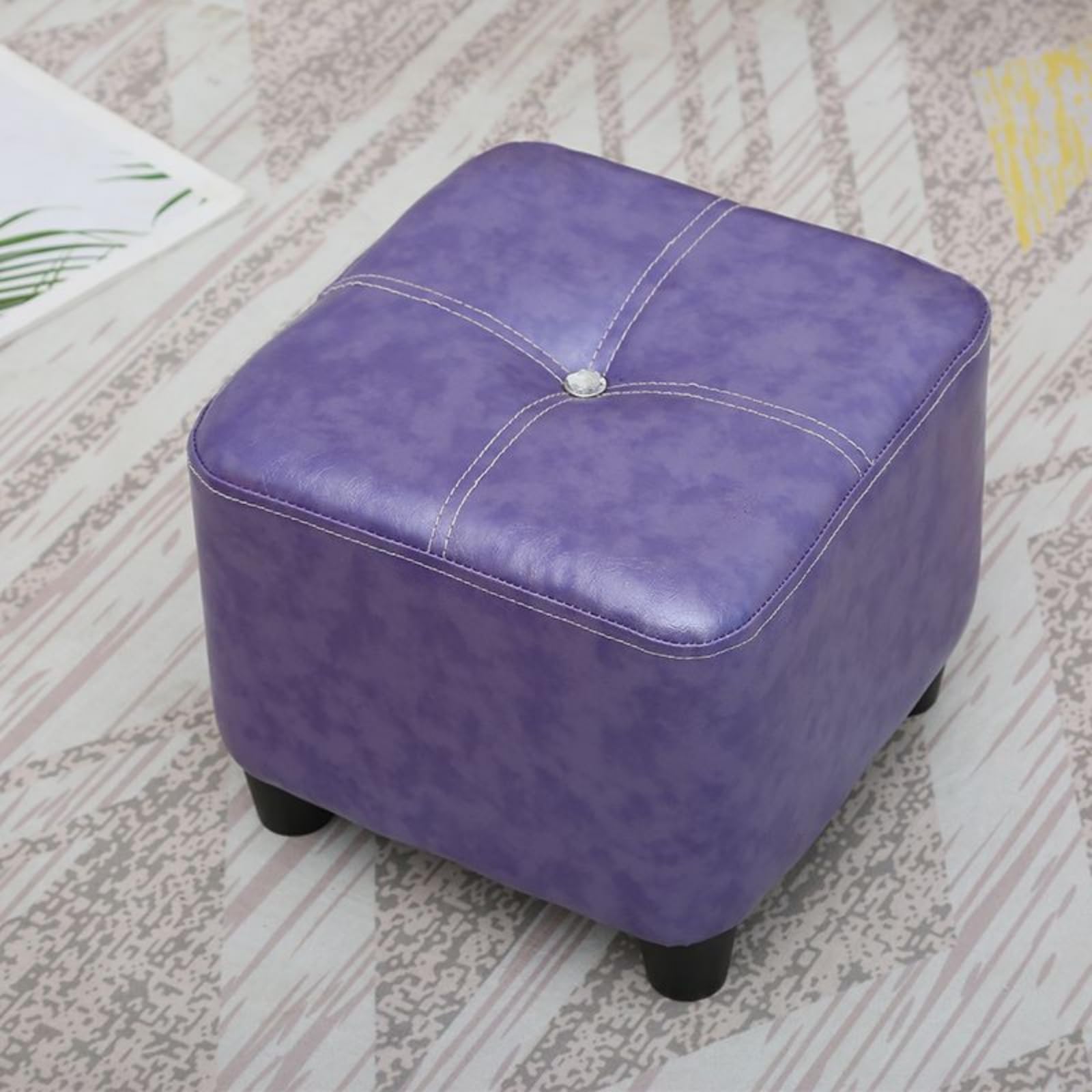 LMMIAOZ Square Foot Stool in Oil Wax Leather Soft and Anti Slip Easy to Clean Purple H30CM