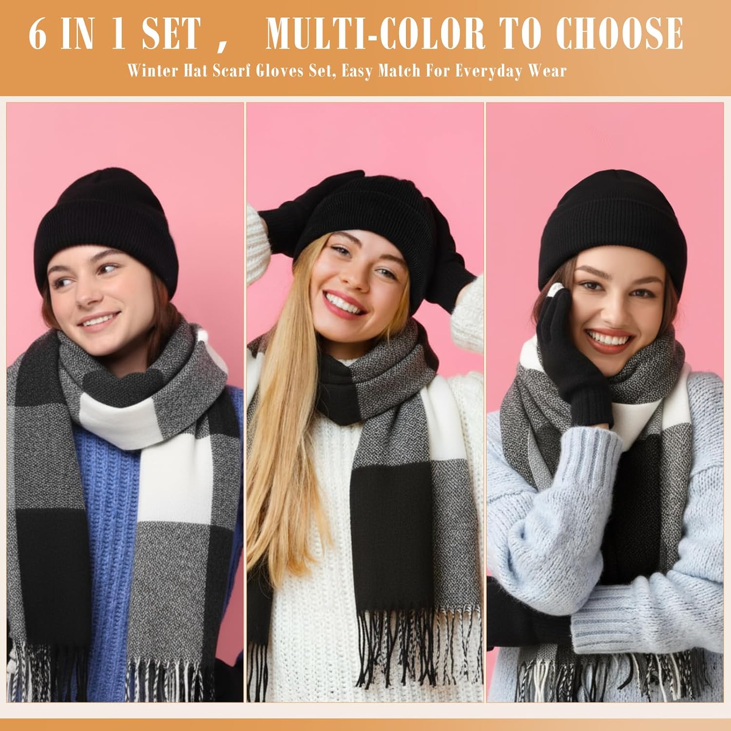 Geyoga 6 Pcs Winter Hat Scarf Gloves Set Knitted Touchscreen Gloves Plaid Scarf Earmuffs Socks Gift for Women Men - Image 6