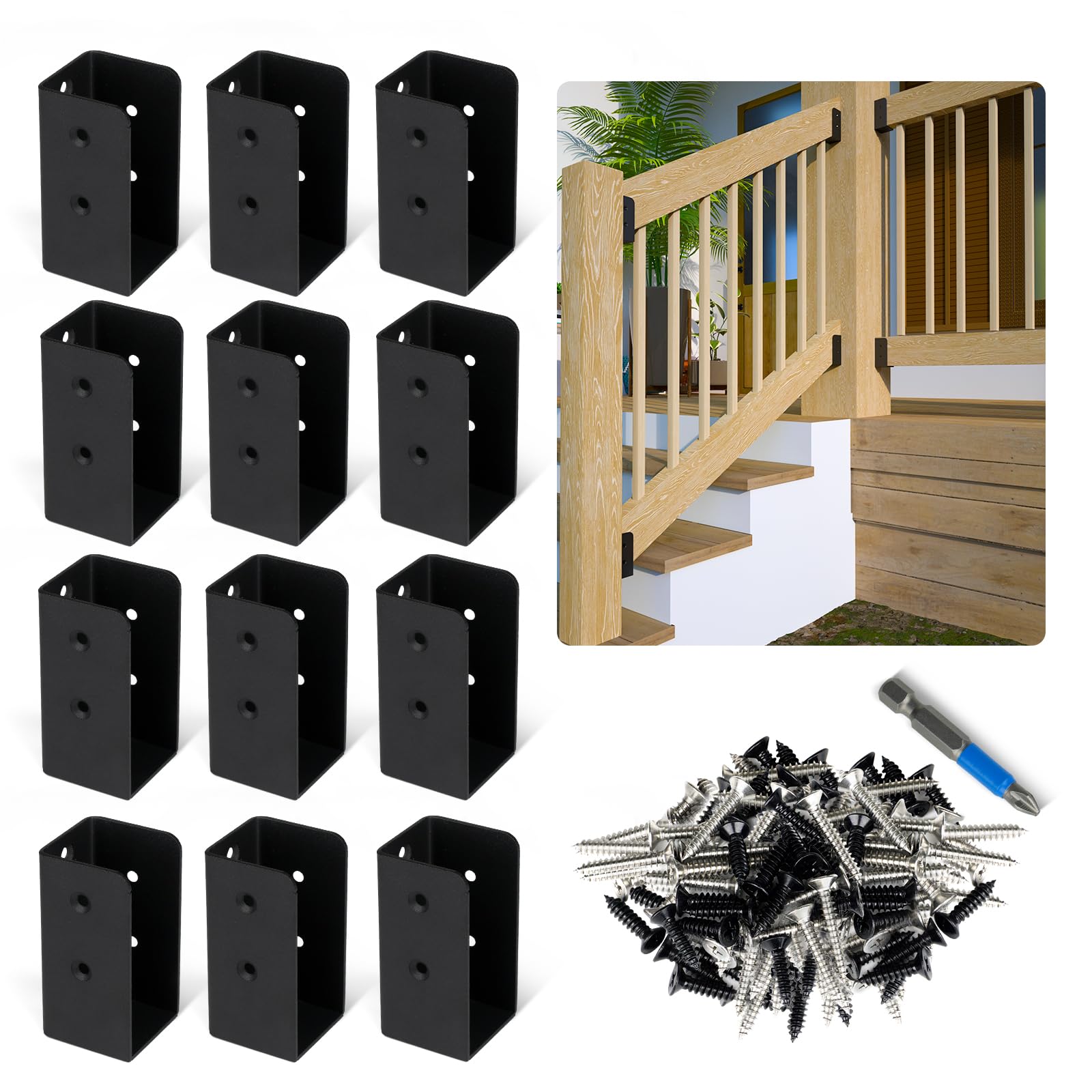 12-Pack 304 Stainless Steel Deck Railing Brackets Deck Railing Connectors for 2"x4" (Actual 1.5"x3.5") Wood Post Joist Hanger