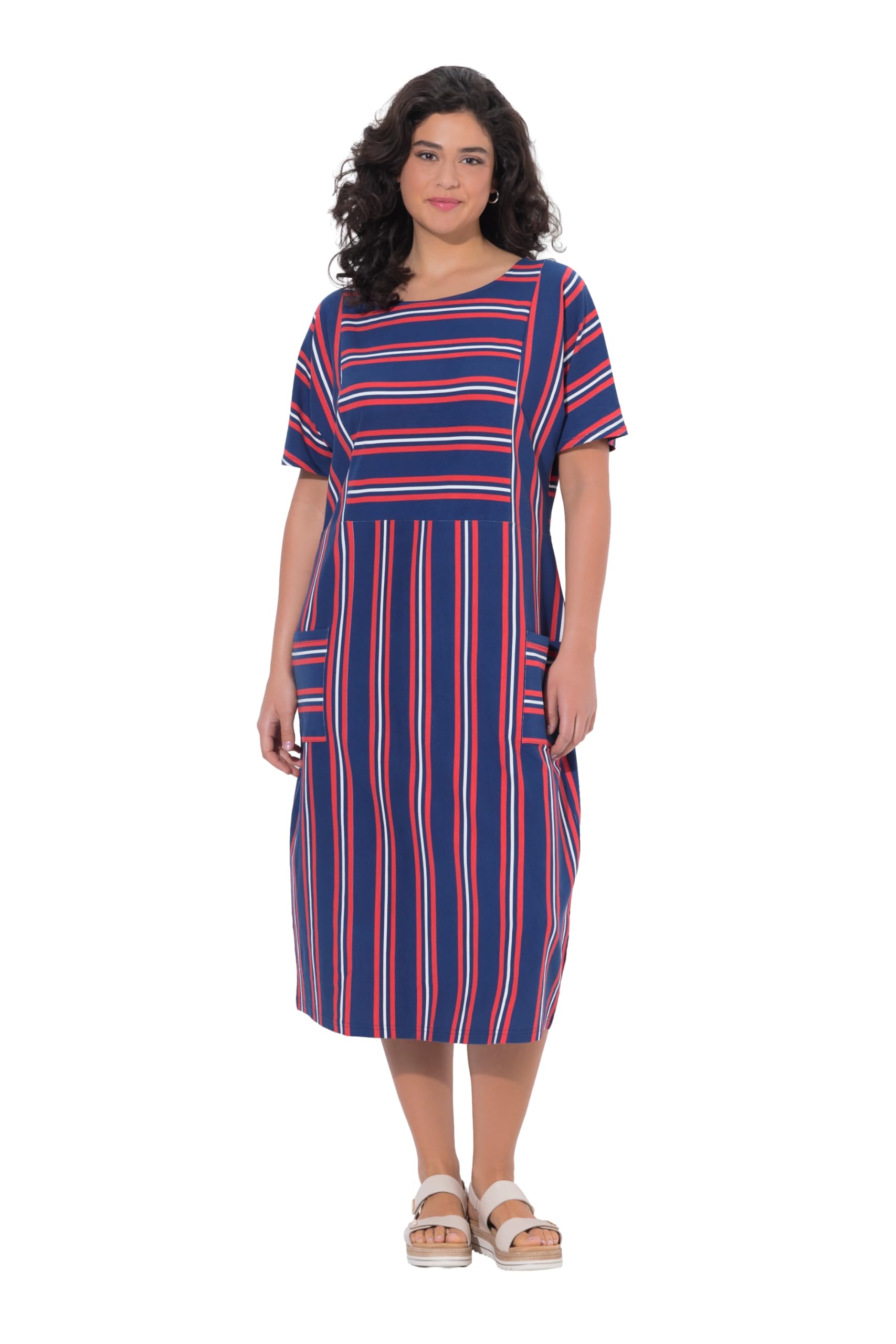 Ulla Popken Damen große Größen Übergrößen Plus Size Jersey-Midikleid, Streifen, Rundhals, Halbarm, Taschen 846777