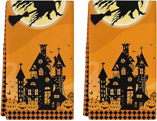 Paquete de 2 toallas de cocina y paños de cocina, gato negro Jack-O'-Lanterns Haunted House Midnight Bats Graves de 18 x 28 pulgadas, toallas de