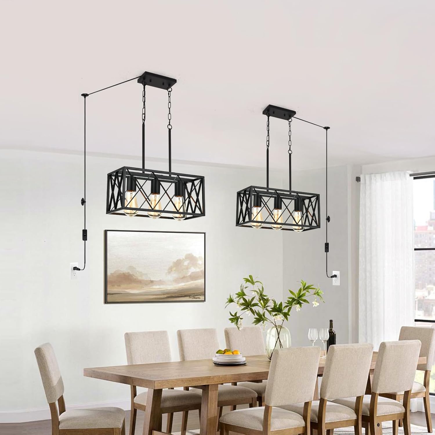 KEESFU Plug in Chandelier Black – Farmhouse Plug in Ceiling Lights, 3-Light Rustic Kitchen Pendant with 14.7ft Cord for Dining Room, Living Room, Foyer, Over Sink or Island