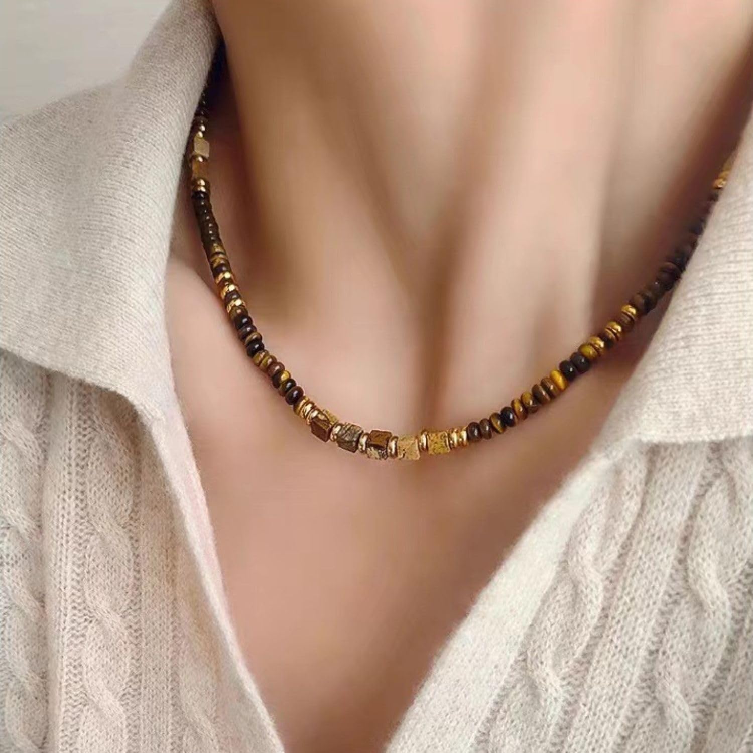 Beaded Necklace for Women Boho Beach Beaded Choker Natural Stone Brown Tiger Eye Necklace Jewelry Gift - Image 2