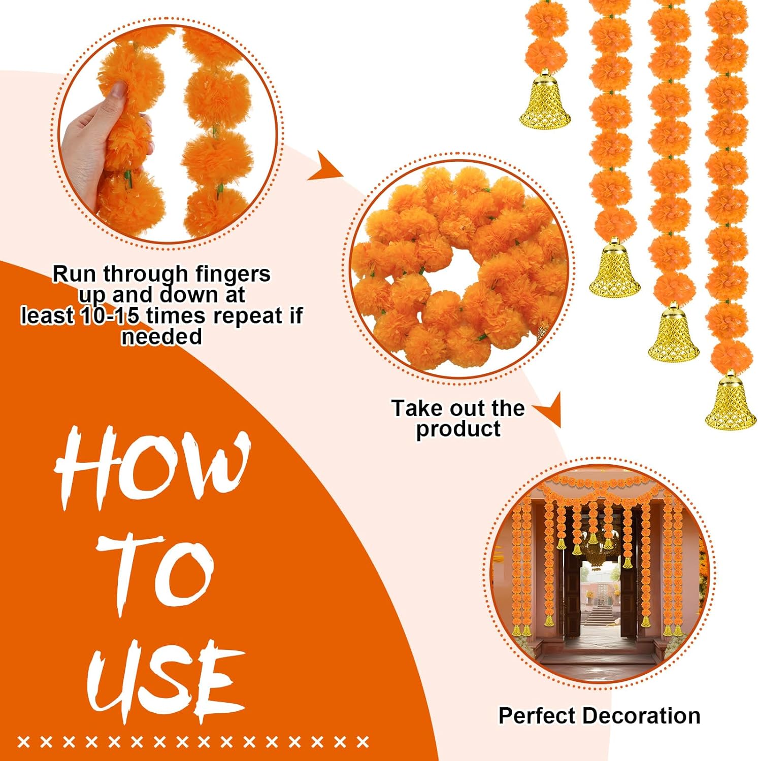 Wavwavw 10 Pcs Marigold Garland for Diwali Decoration Pooja Decoration Items Indian 5 Feet Long Artificial Marigold Flowers for Pooj Dia De Los Muertos Varalakshmi Day of The Dead(Orange)