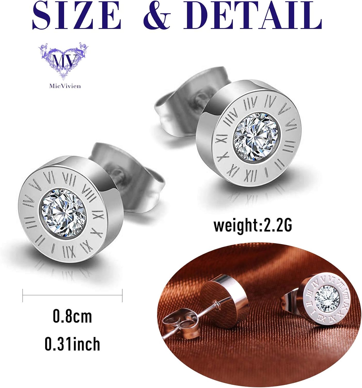 Roman Numeral Cubic Zircon Stud Earrings Set, Stainless Steel Round Ear Pierced Earrings Jewelry for Women Girls Silver/Gold/Rose Gold - Image 3