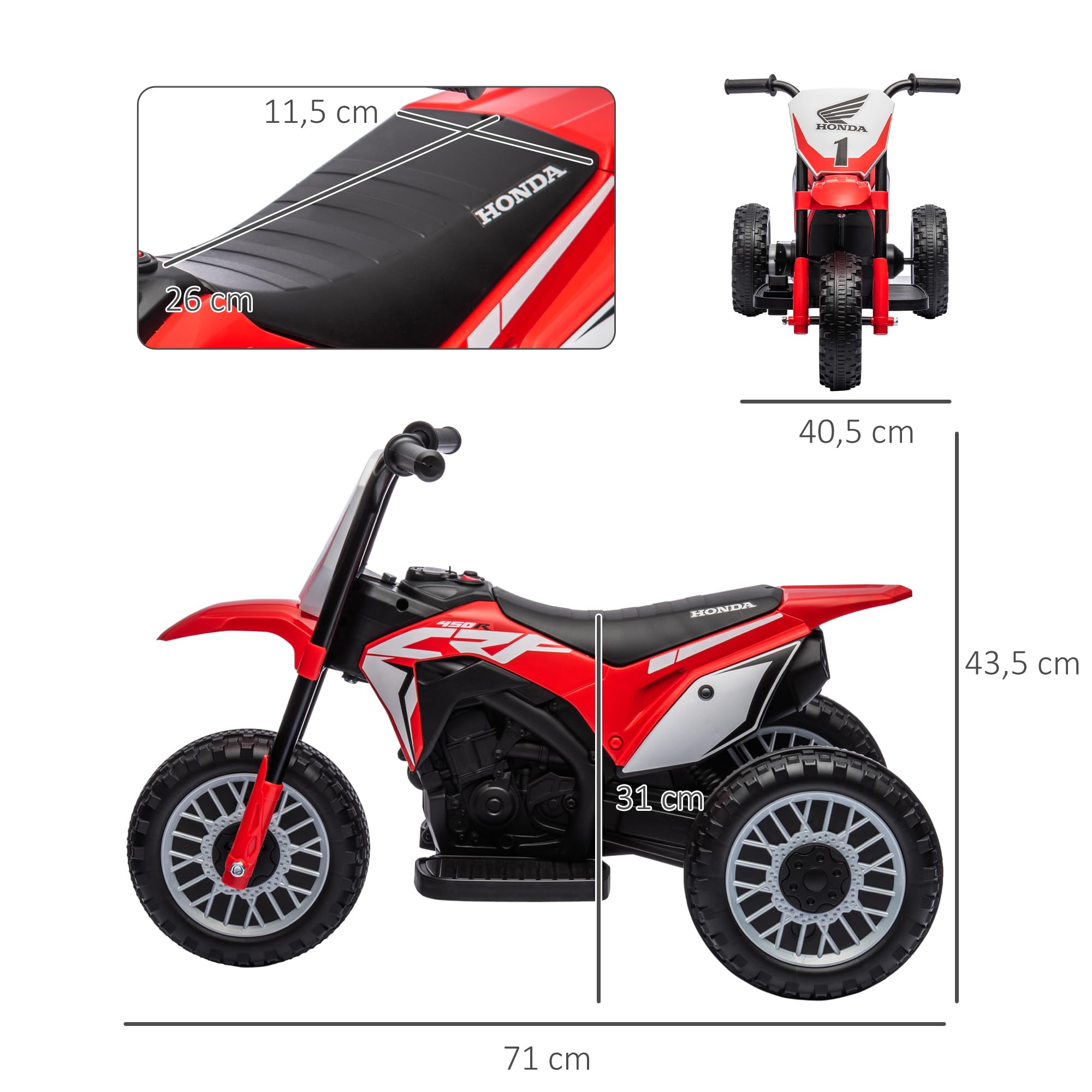 HOMCOM Moto Eléctrica con Licencia Honda CRF450RL para Niños de +18 Meses Motocicleta de Batería 6V con Velocidad 3 km/h Bocina y Sonido de Arranque Carga 25 kg 71x40,5x43,5 cm Rojo