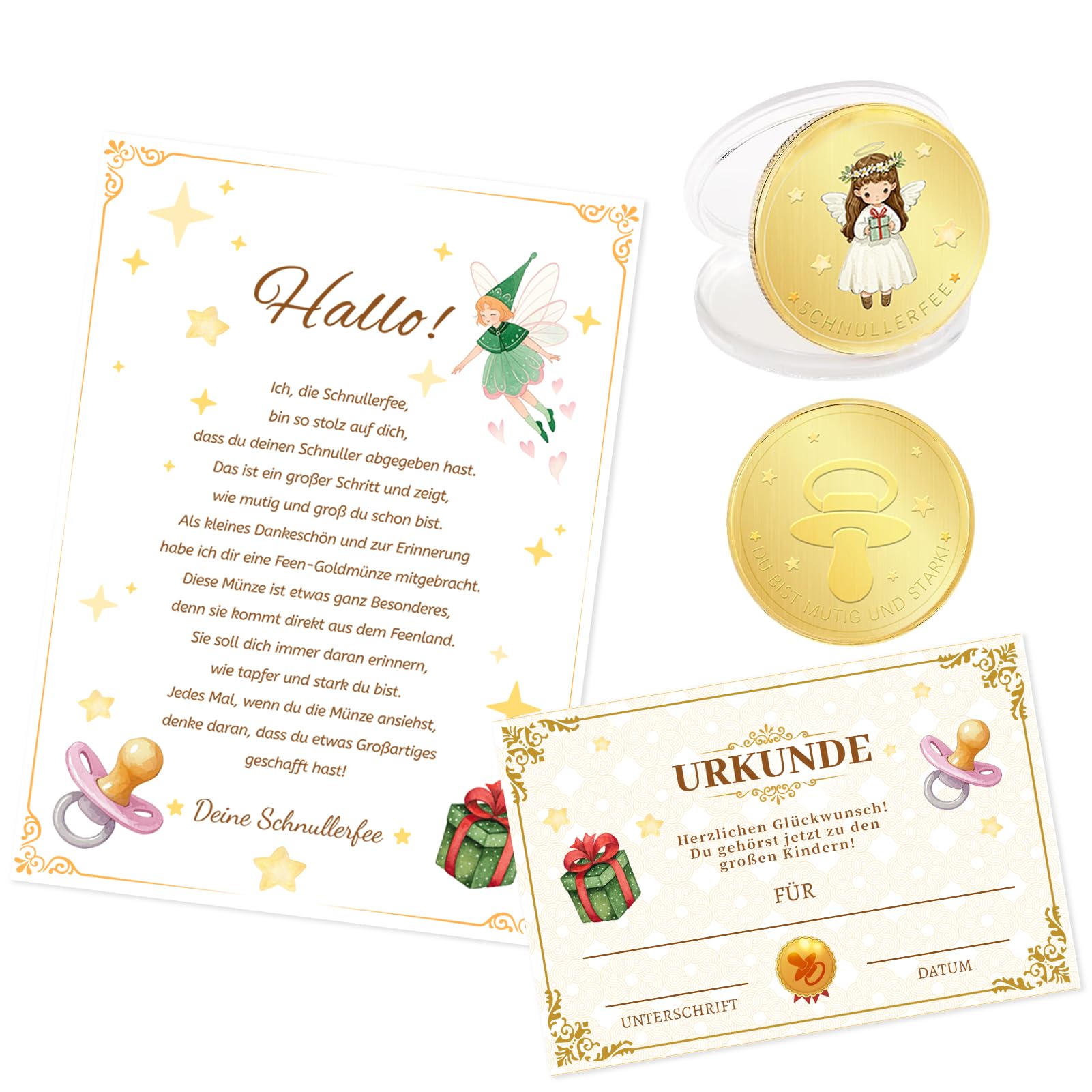 Schnullerfee Geschenk Set, Schnullerfee-Andenken, Schnullerfee Brief + Schnullerfrei Urkunde + Schnullerfee Münze, Wird verwendet, um den Abschied von der Schnullerzeremonie zu feiern