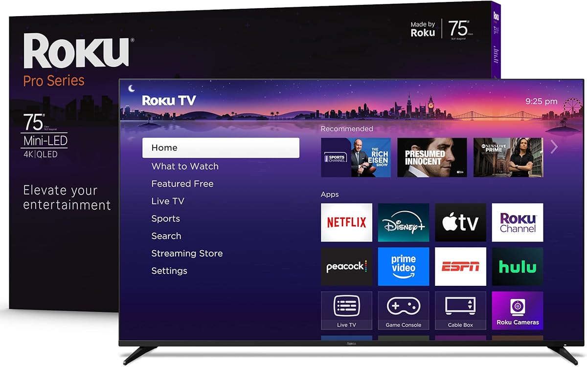 Roku Smart TV 2025 – 75-Inch Pro Series, Mini-LED TV – RokuTV with Backlit Voice Remote Pro – Flat Screen 4K QLED Television with 120Hz Refresh Rate & Dolby Vision IQ, Live News, Sports, Entertainment : Electronics