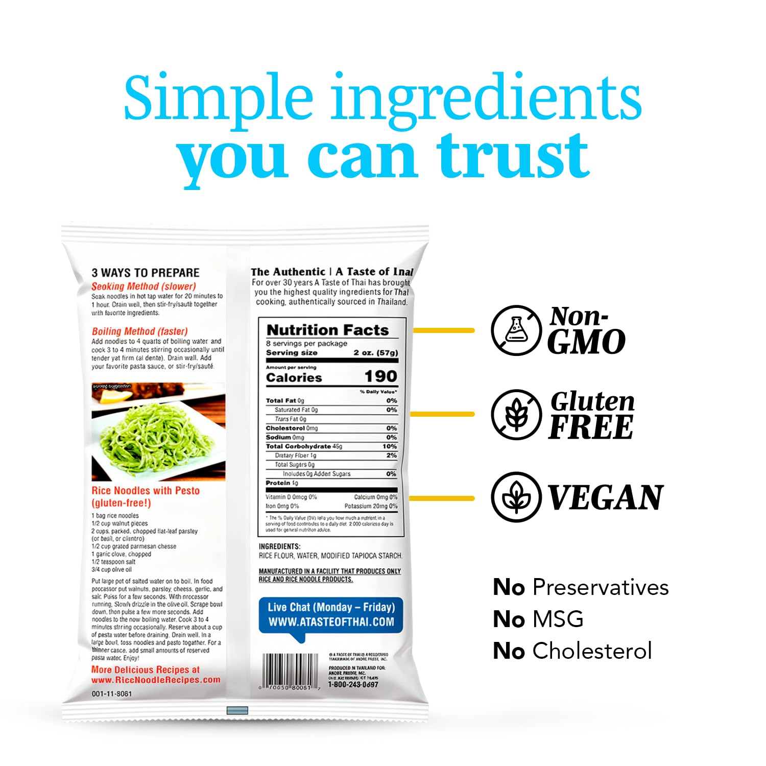 A Taste of Thai Spaghetti Rice Noodles (Thin & Straight Cut)| Restaurant-Quality Thai Flavor in Minutes | Vegan, Gluten-Free, Wheat Free, Non-GMO| For Stir-Fries, Soups & Asian Dishes 16 oz, 6 Pack