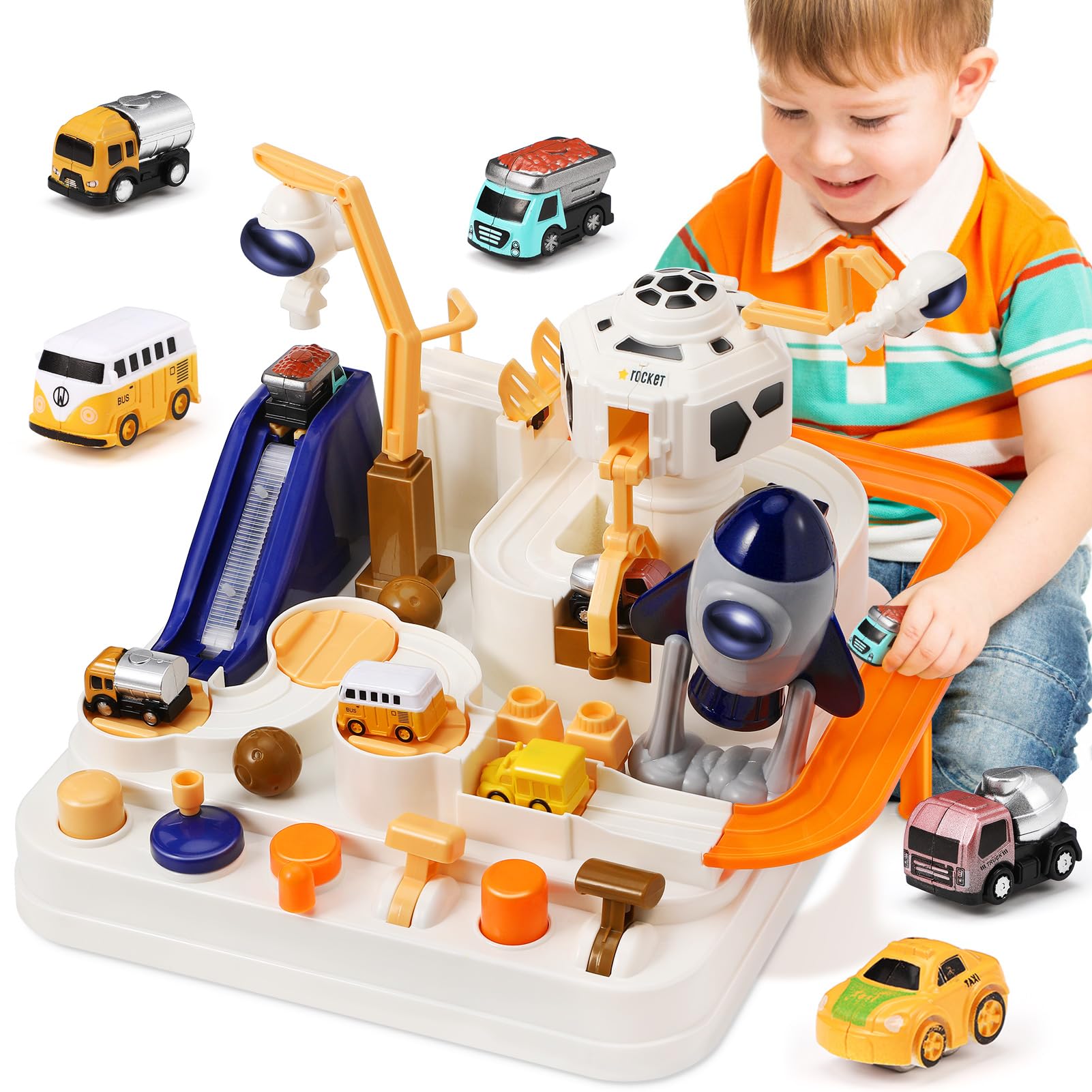 zerotop Car Adventure Toys Kids Cars Race Track Toys Space Rescue Adventure Toy with 6 Vehicles Preschool Educational & Parent-Child Interactive Racing Kids Toy Gifts for Boys Girls 3 4 5 6 7 8