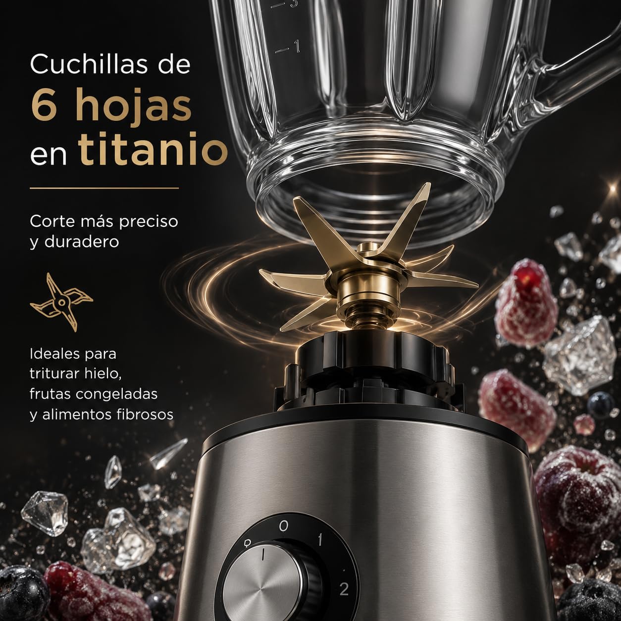 Batidora de Vaso 1500W, Jarra Cristal 1,5L y 6 Cuchillas de Titanio | 2 velocidades + Pulse, base de acero inoxidable y piezas aptas lavavajillas