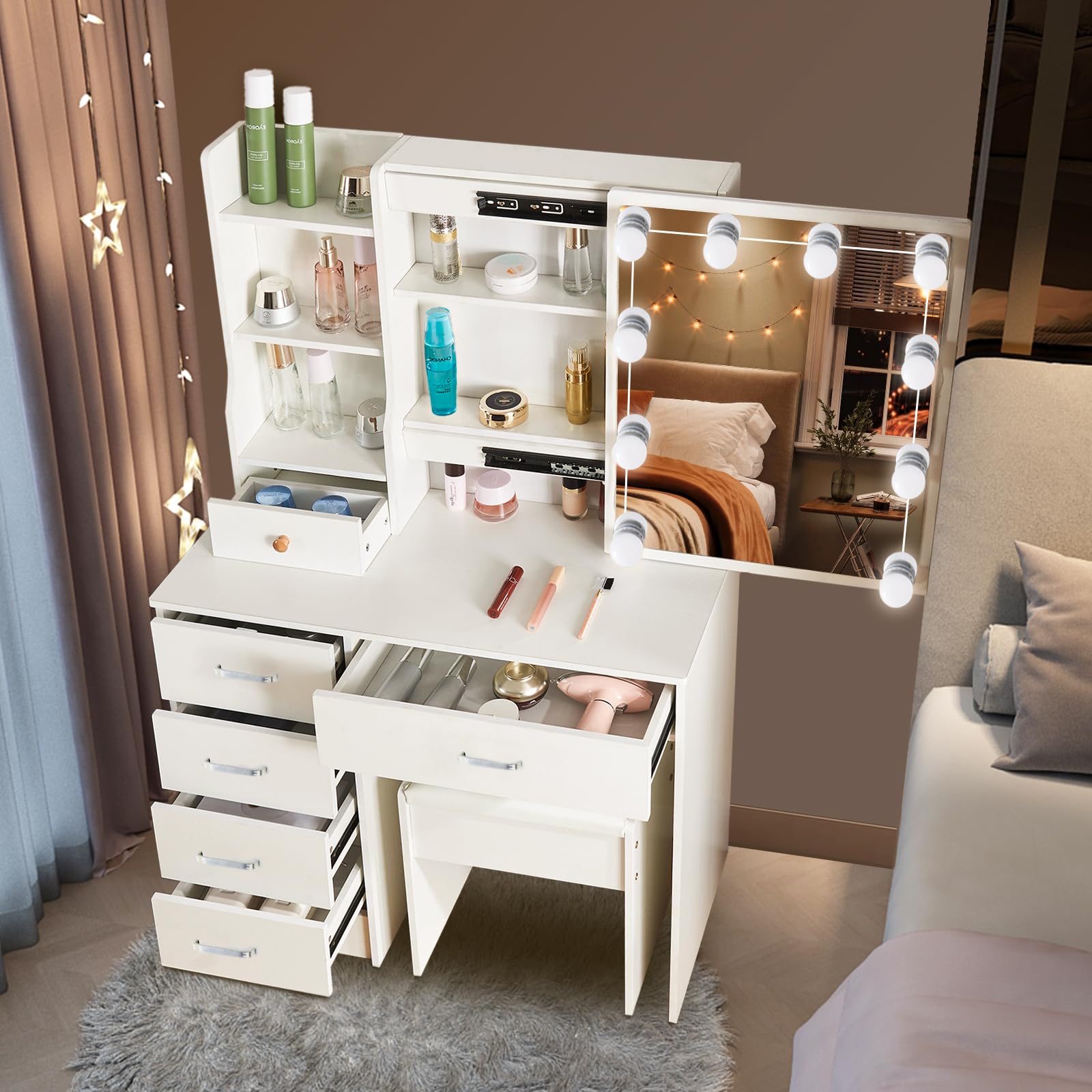 Postazionetrucco, Specchiera con regolabile LED illuminato, Toletta da camera da letto con 6 cassetti e 3 ripiani aperti