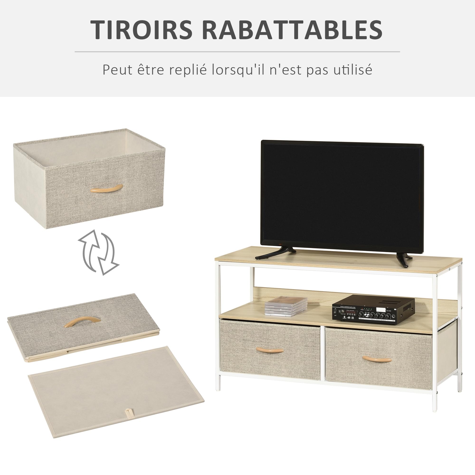 HOMCOM Meuble TV Bas sur Pieds Support TV pour télévison jusqu'à 47 Pouces Style Industriel 2 tiroirs en Tissu Gris Bois Naturel et métal Blanc