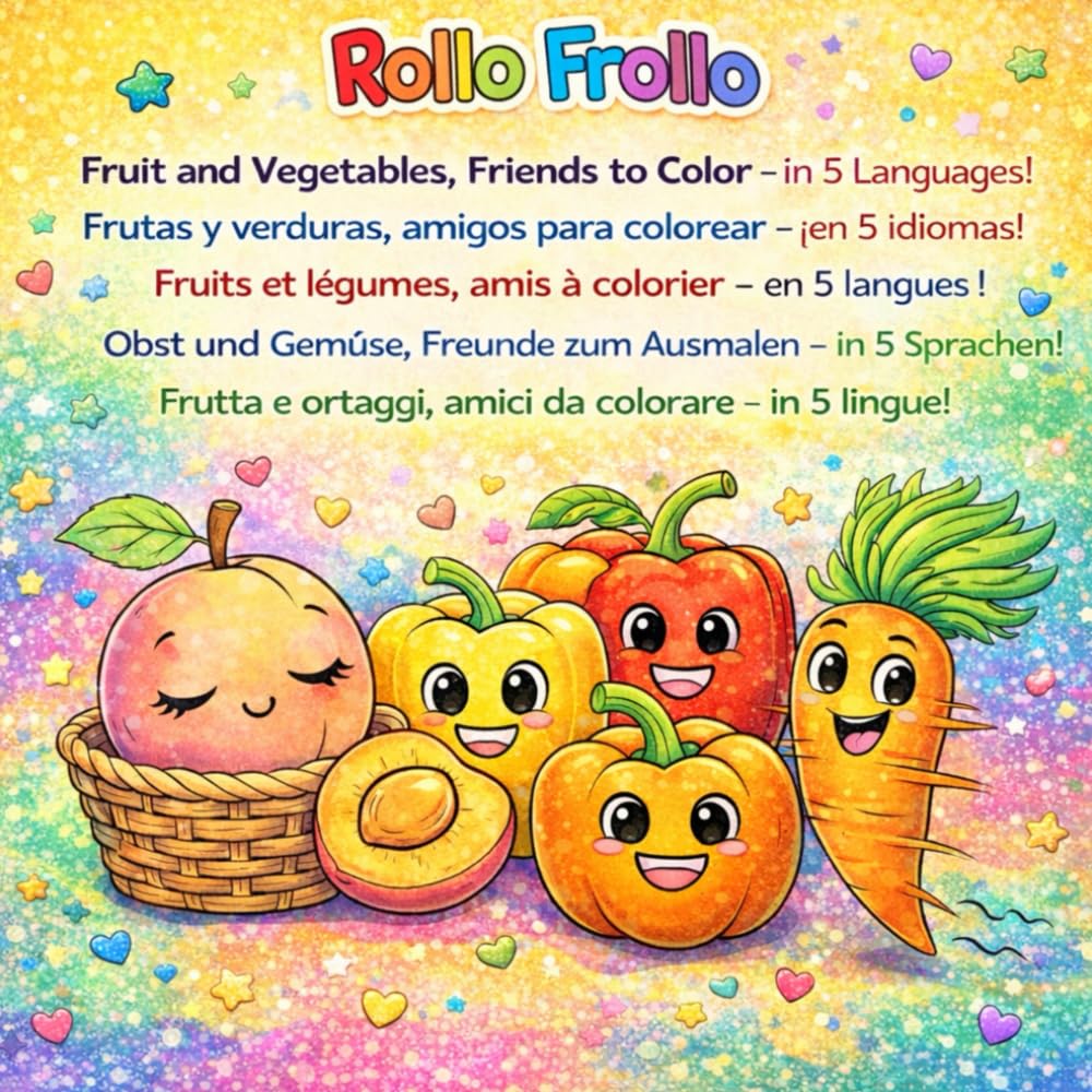 Fruits and vegetables friends to color in 5 languages!: Learn languages by coloring (Rollo Frollo: learn 5 languages while you color!)