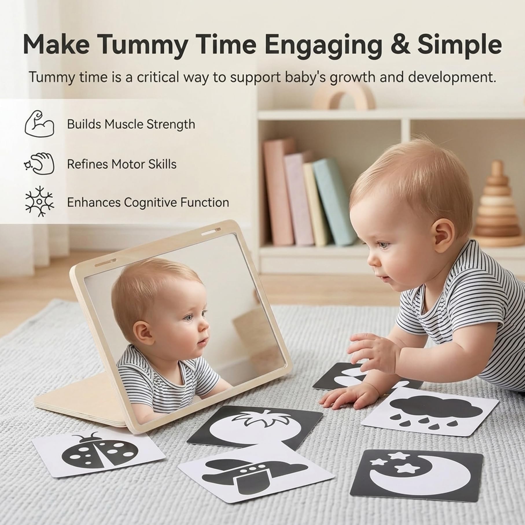 Giocattolo specchio per la pancia del bambino, giocattolo sensoriale specchio Montessori con supporto regolabile e carte visive per neonati 0-3 mesi, in legno per lo sviluppo visivo infantile