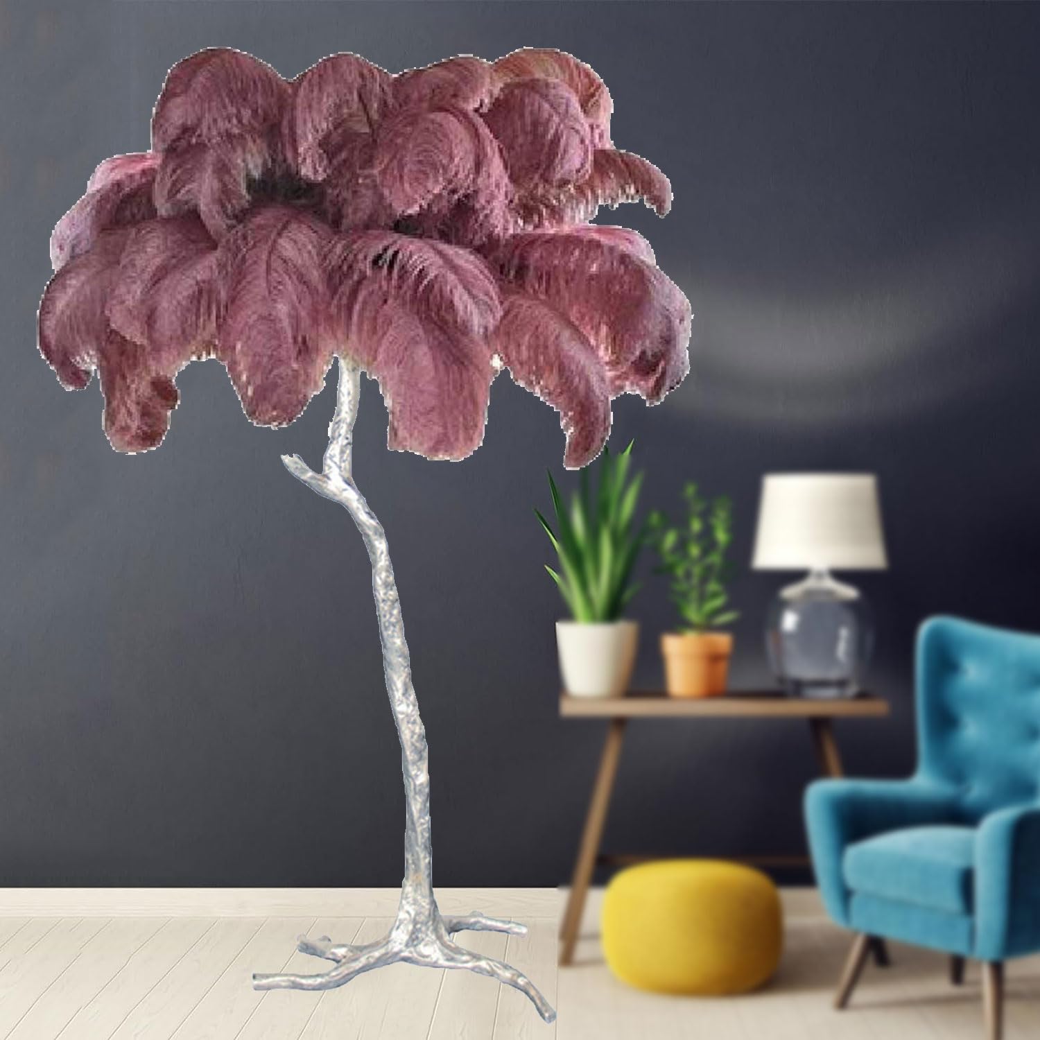 Natural Ostrich Feather Floor Lamp, Silver Light Body Feather Standing Lamp with Feather Lampshade Modern Dimmable Floor Lamp for Bedroom, Living Room, Kids Room — image 1
