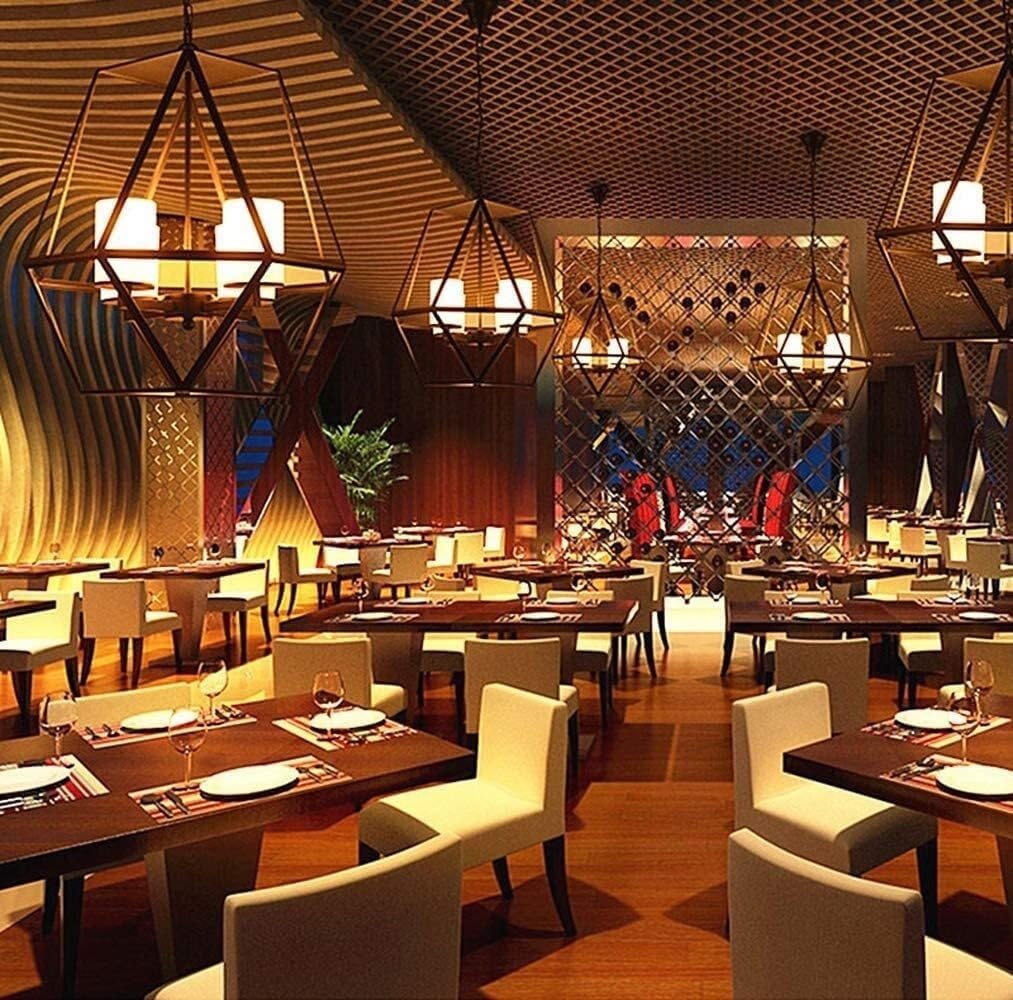 LNPTAL Modern Geometric Chandelier, 4-Light Black Metal Cage Pendant Light, Industrial Retro Candle Style Hanging Fixture for Dining Room, Living Room, Island, Foyer