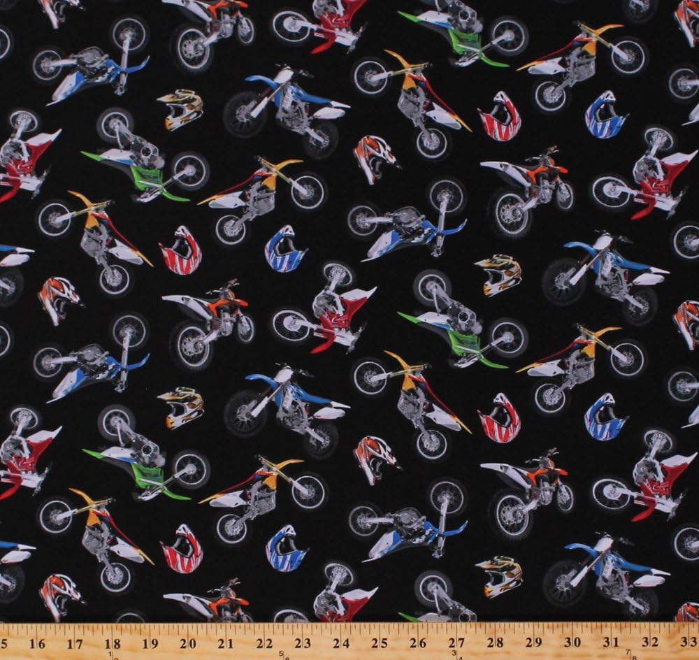 Cotton Motorcycles Motorbikes Motor Bikes Dirt Bikes Helmets Bikers Racing Vehicles Transportation in Motion Multi-Color Bikes on Black Cotton Fabric Print by The Yard (458-black)