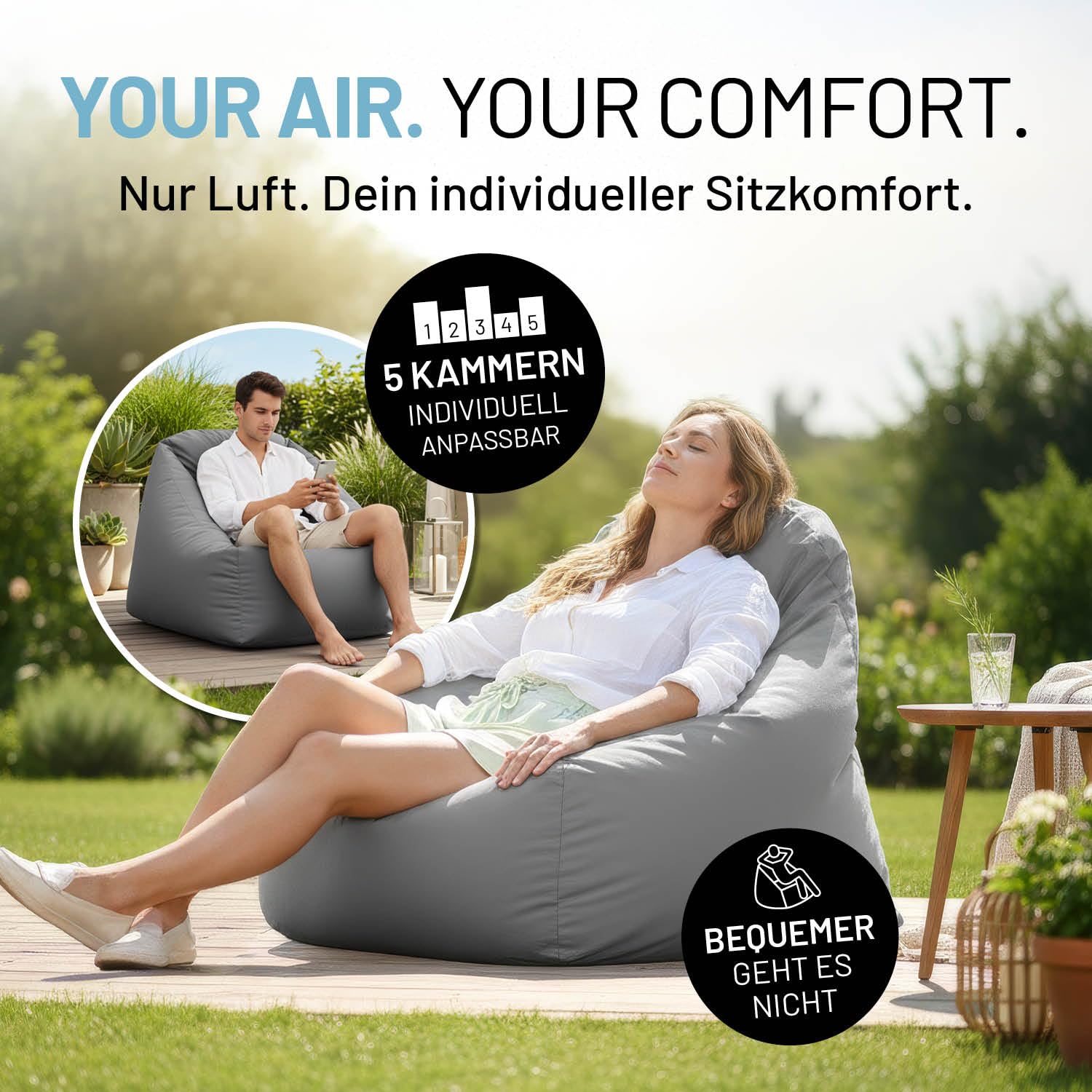 Lumaland Puf Hinchable para Camping para Exteriores, soporta hasta 150 kg, Regulable de 5 cámaras, Lavable, Repelente al Agua, 87 x 95 x 80/35 cm, inflado rápido para Playa y Co.