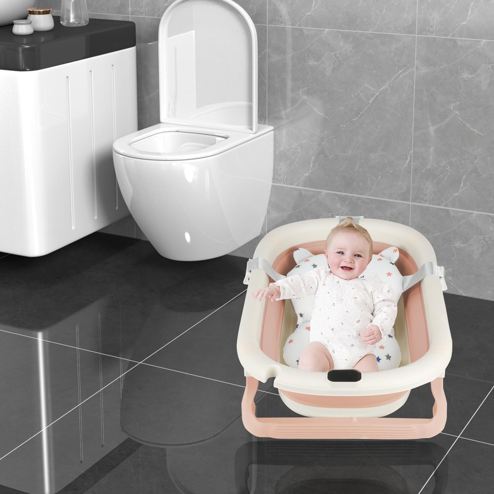 Bañera Bebe Plegable con Termómetro, Cojines de Ducha, Toma de Ducha, Ventosa Antideslizante, Bañera Plegable Bebé para Recién Nacido, 0 a 24 Meses (Rosa, 43x71x18.5cm)
