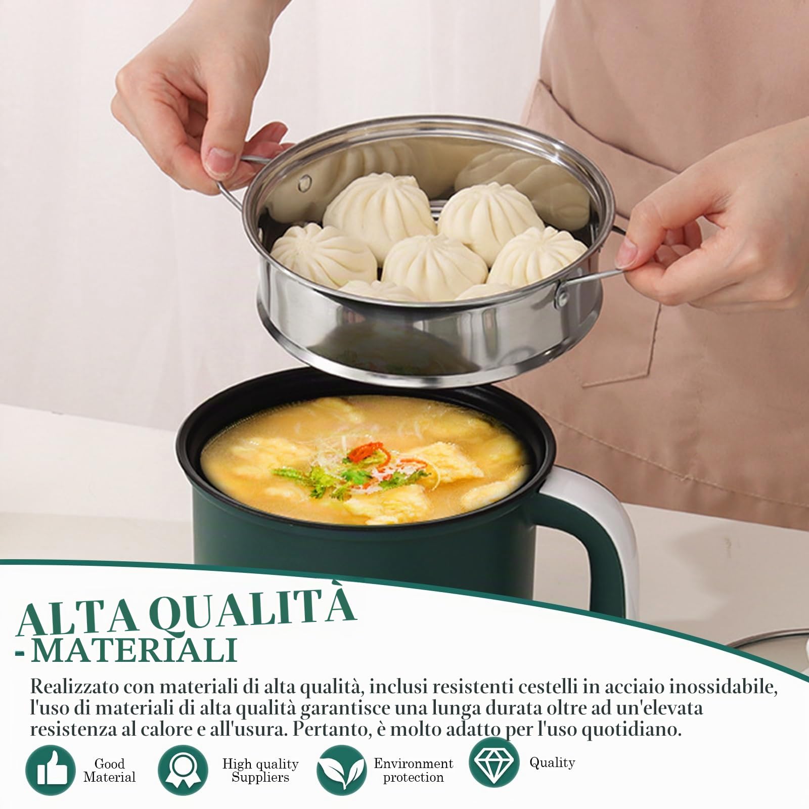 Mini Pentola Elettrica: Pentola Elettrica Portatile, Multifunzionale Pentola Elettrica Piccola, 1,8L Padella Elettrica Antiaderente Domestico, con Vaporiera in Acciaio Inox, 600W, 220V,Verde