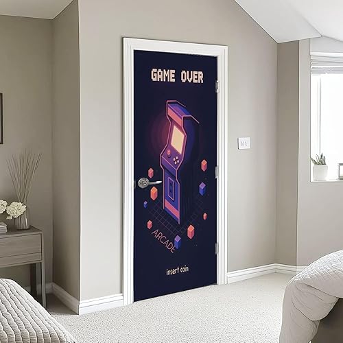 Miniatura 3 de Adhesivo para puerta, máquina de juego isométrica, diseño de arcade, diseño retro, tecnología de los años 80 y 90, mural, autoadhesivo, despegar y