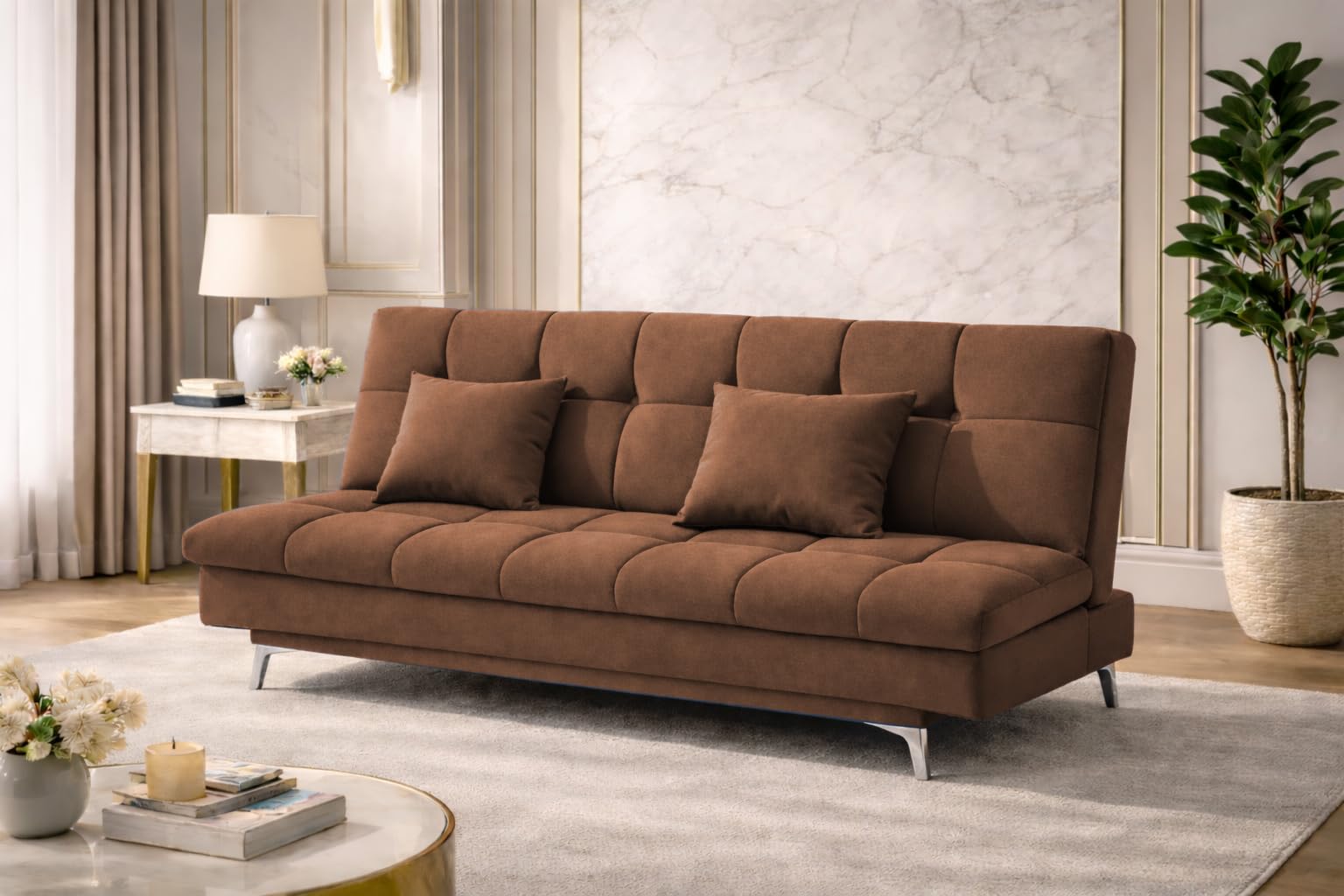 GRAPEWOOD Krancy Solid Wood 3 Seater Sofa Cum Bed with 2 Cushions | Convertible Wooden Couch for Living Room, Home & Office | Modern Designer Furniture | 3 Years Warranty | Brown