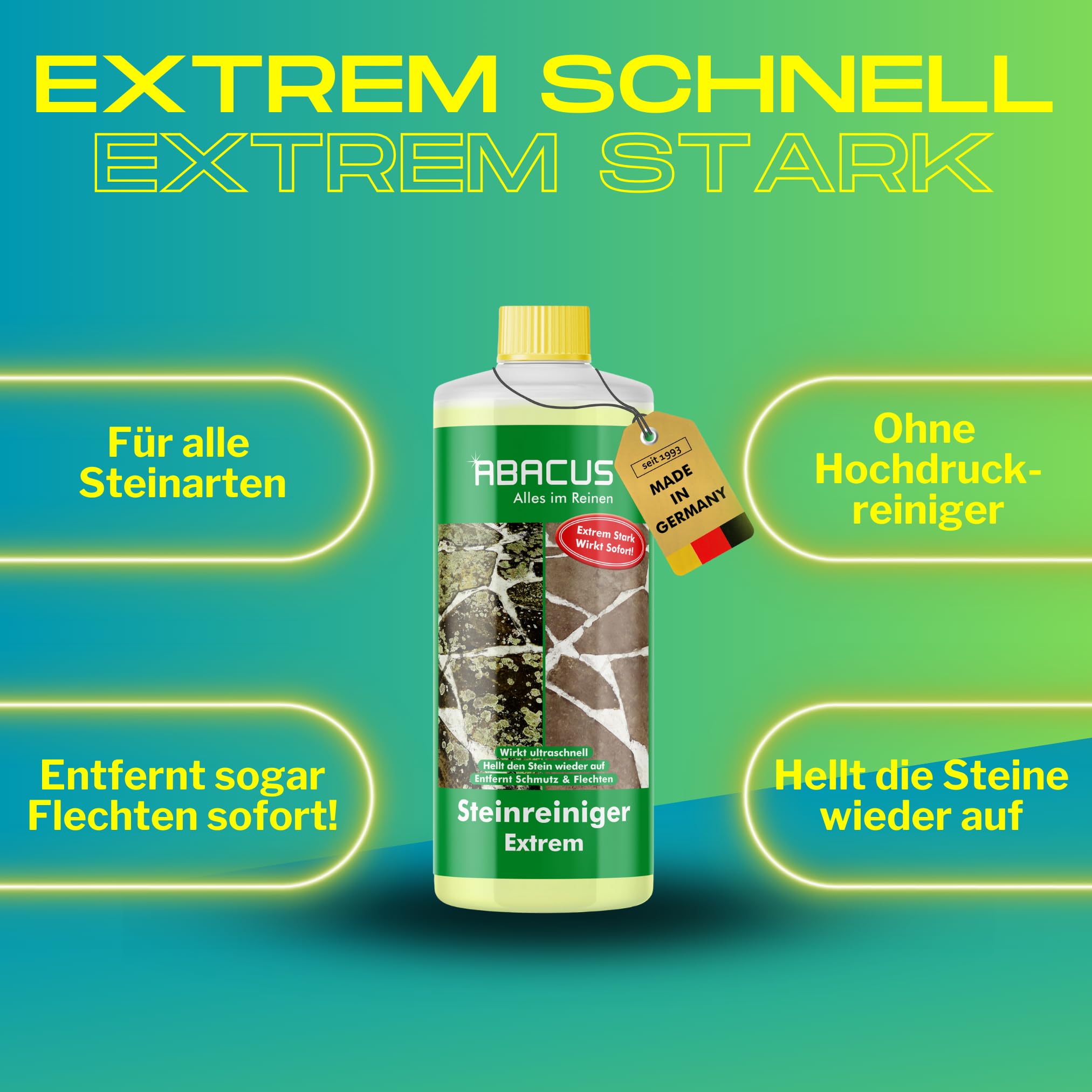 ABACUS® Steinreiniger Extrem, intensiver Steinreiniger für außen mit Sofortwirkung, entfernt sofort Schmutz, Grünbelag, Flechten & Algen auf Steinen in Minuten, Steinreiniger Intensiv außen 12x 1000ml