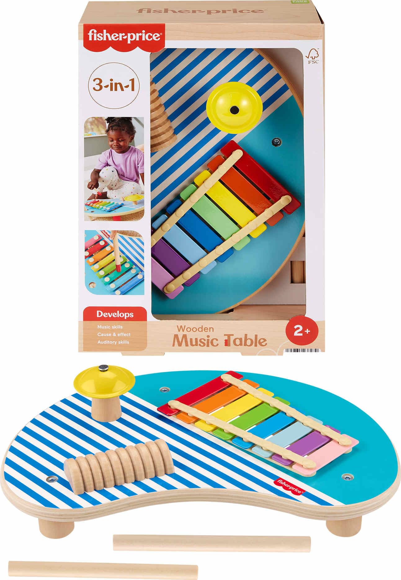 Fisher-Price Wood Toddler Toy Musical Table 3-Piece Wooden Percussion Instrument for Developmental Play Kids Ages 2 Years