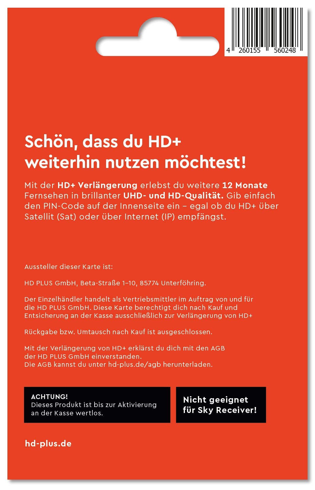 HD + Paket mit 12 Monaten Code für Sender, Verlängerung per E-Mail