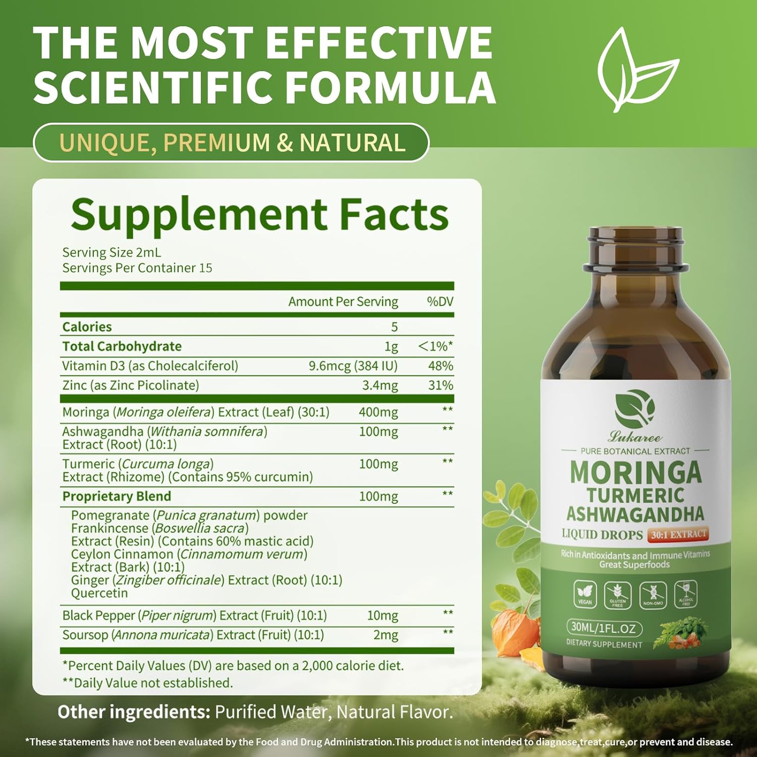 Lukaree 12-in-1 Lipsomal Moringa Leaf Drops with Ashwagandha Turmeric Quercetin, 98% Absorption & 30:1 Pure Moringa Extract for Energy Immune Joint Digestive Support, Vegan Non-GMO Gluten-Free