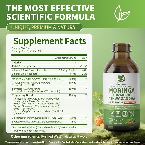 Lukaree 12-in-1 Lipsomal Moringa Leaf Drops with Ashwagandha Turmeric Quercetin, 98% Absorption & Pure Moringa Extract for Energy Immune Joint Digestive Support, Vegan Non-GMO Gluten-Free