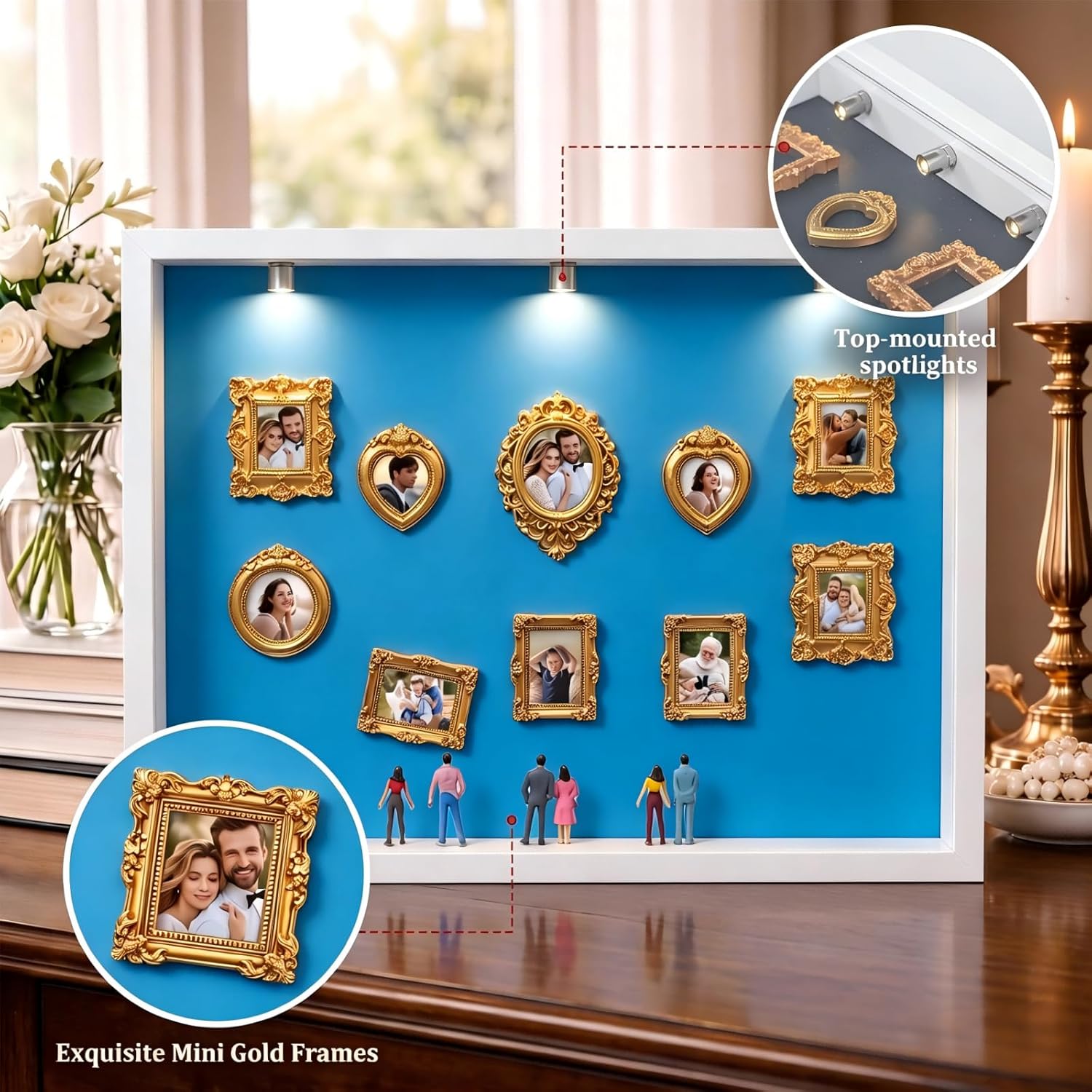 Mini Museum Frame Silhouette Box Kit ，Wedding Shadow Memory Box with Gold Frames & Figurines & Background Paper，Perfect for Anniversaries, Mother's Day, Birthdays, Valentine's Day , Home Decor