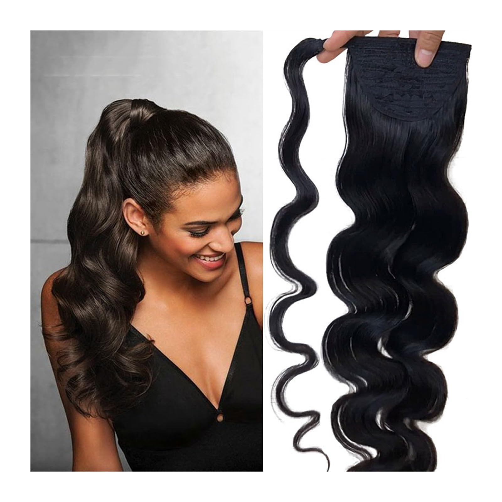 Kucyk okrągły sznurek do noszenia na głowie treski dla kobiet Body Wave kucyk ludzkie spinki do włosów w brazylijskich ludzkich włosów Remy Hair Extensions (czarny, 26 cali)